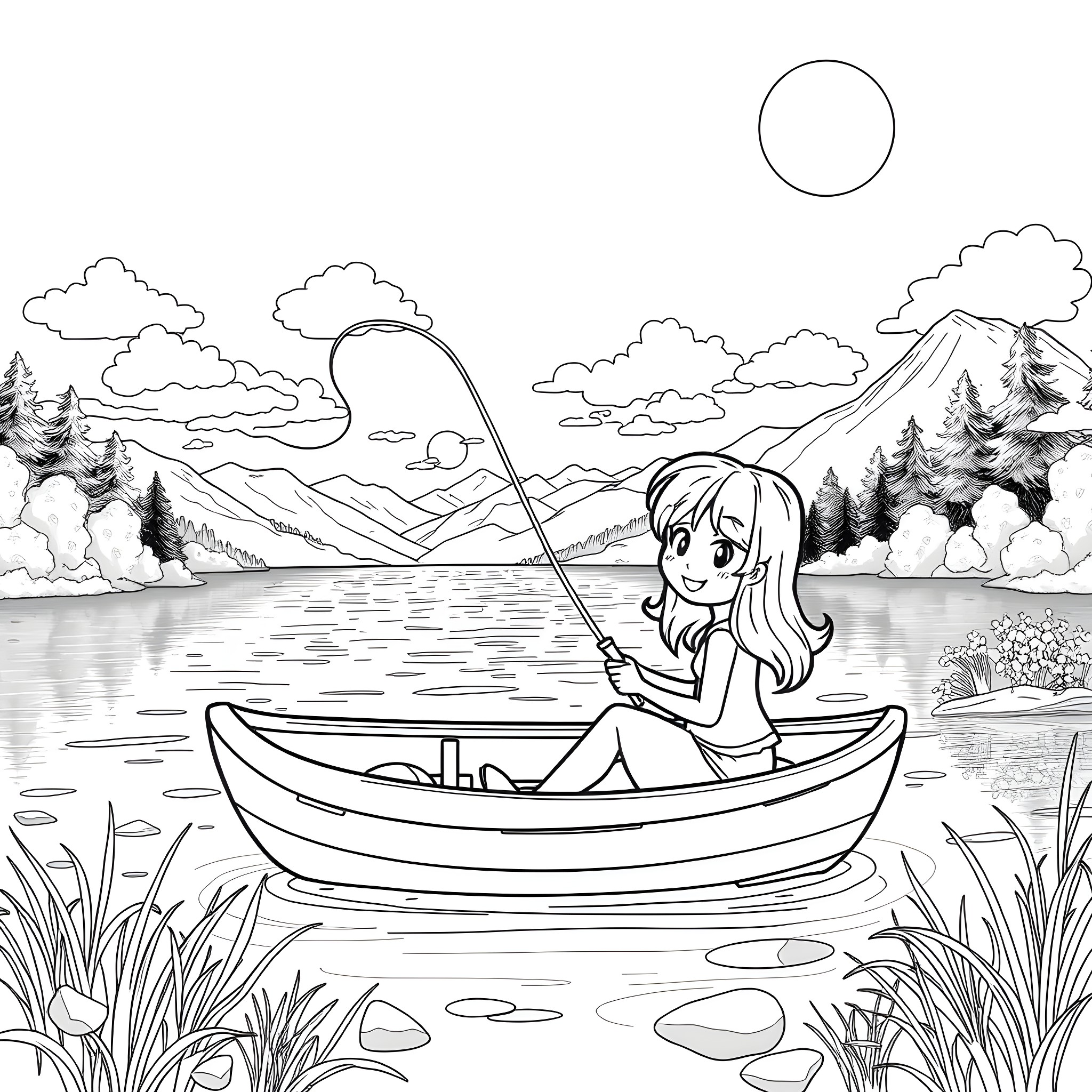 Wendy fishing in a serene mountain lake Coloring Page (free black-and-white line drawing printable PDF for all, from beginners to advanced learners, including children, teens, adults, and seniors)