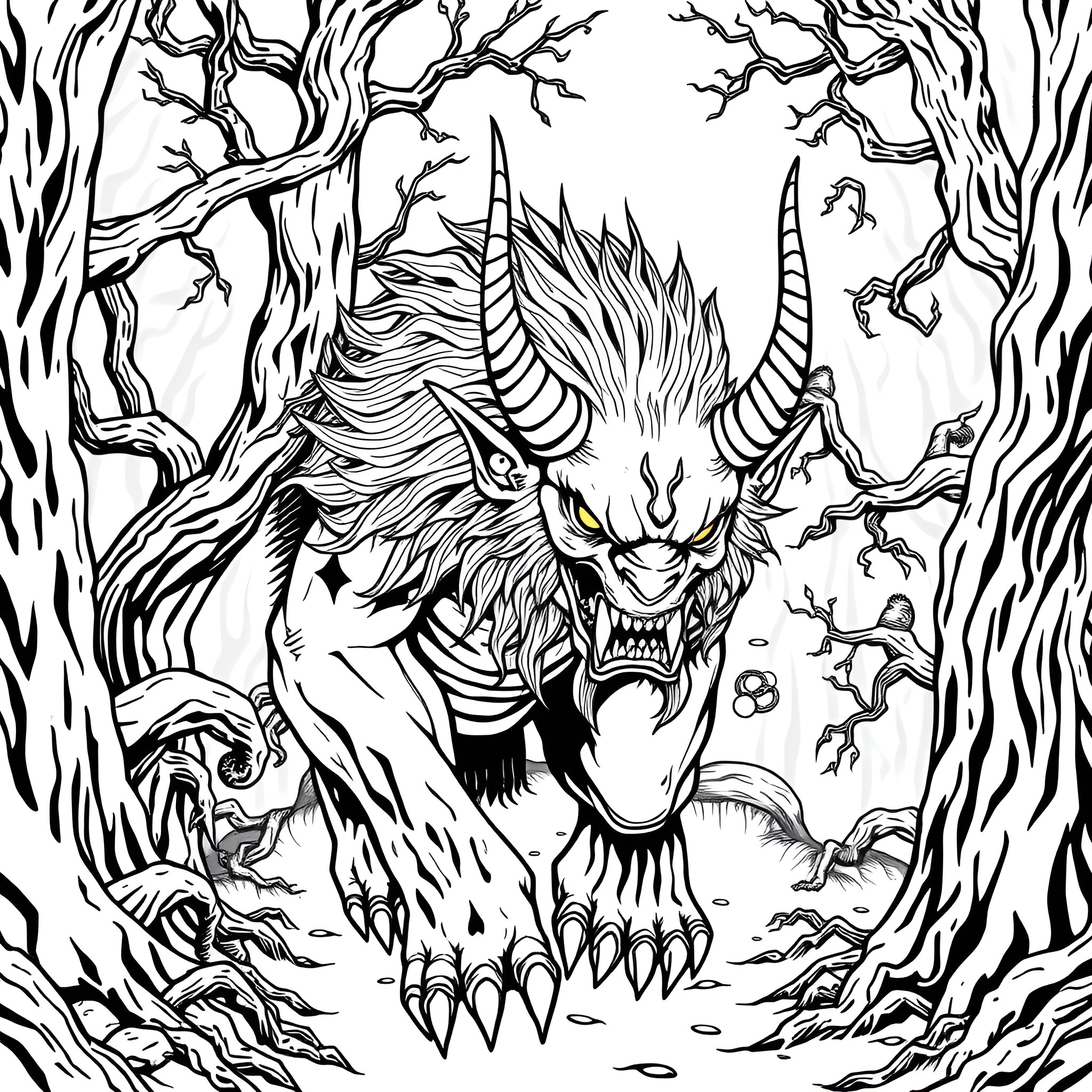 Oni Creature Emerging from Twisted Woodland Coloring Page (free black-and-white line drawing printable PDF for all, from beginners to advanced learners, including children, teens, adults, and seniors)