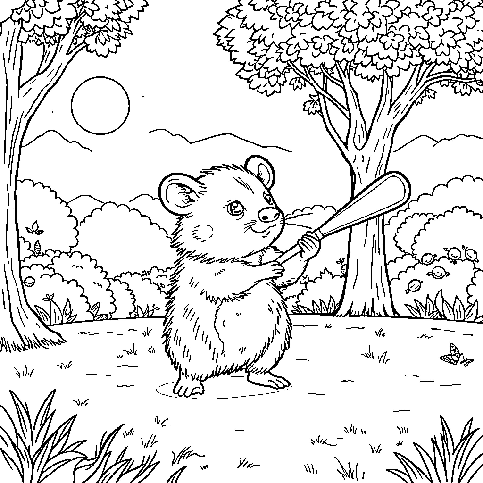 Wombat playing with a baseball bat in a forest Coloring Page (free black-and-white line drawing printable PDF for all, from beginners to advanced learners, including children, teens, adults, and seniors)