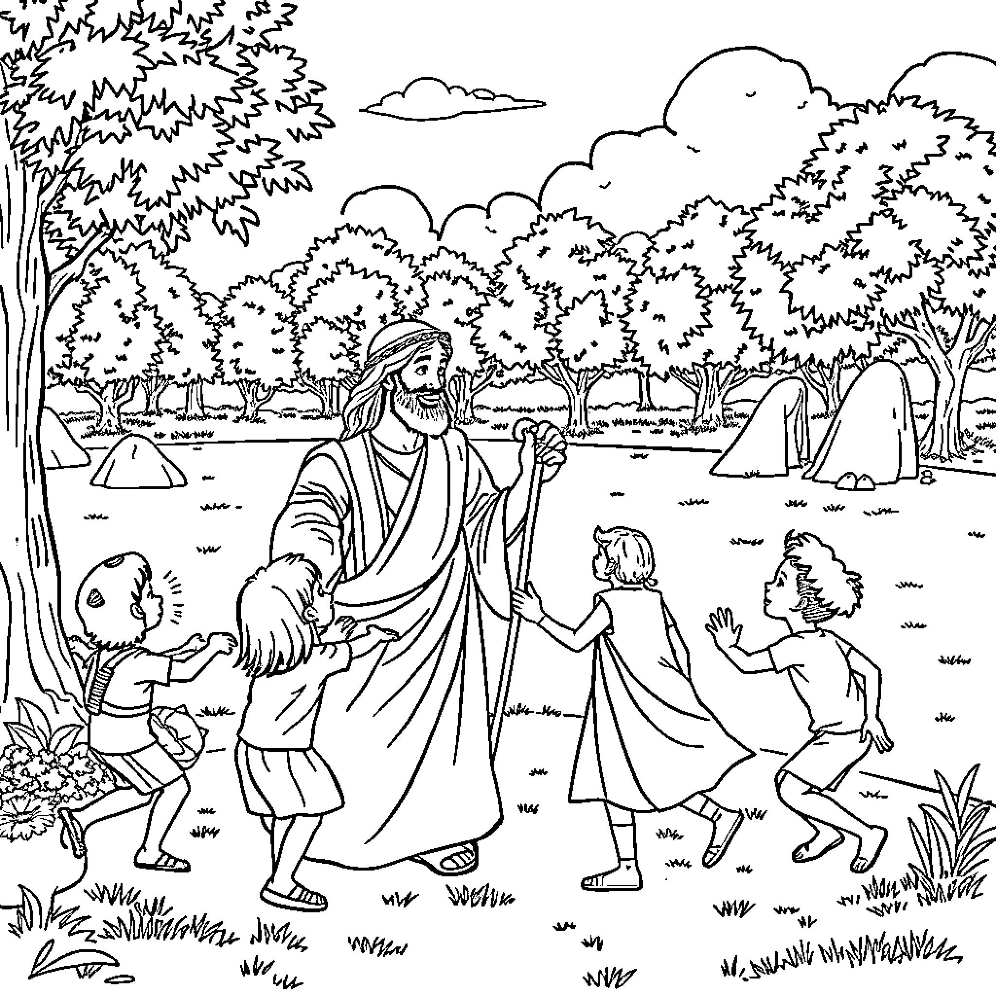 Jesus teaching children in the wilderness Coloring Page (free black-and-white line drawing printable PDF for all, from beginners to advanced learners, including children, teens, adults, and seniors)
