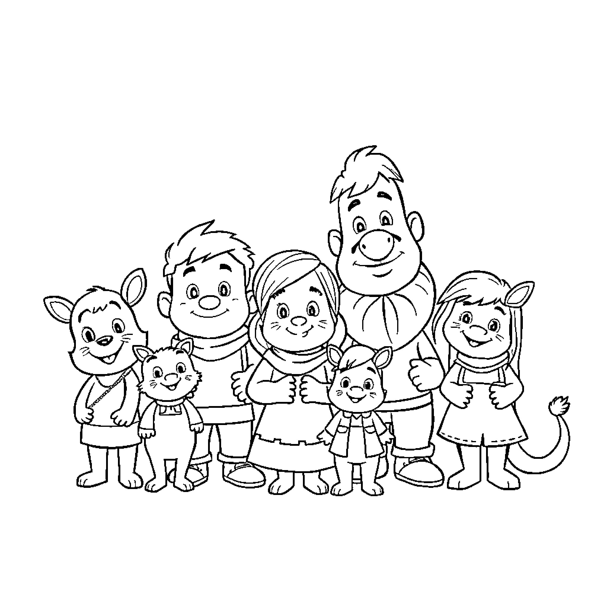 Trotro and friends smiling together in a group Coloring Page (free black-and-white line drawing printable PDF for all, from beginners to advanced learners, including children, teens, adults, and seniors)