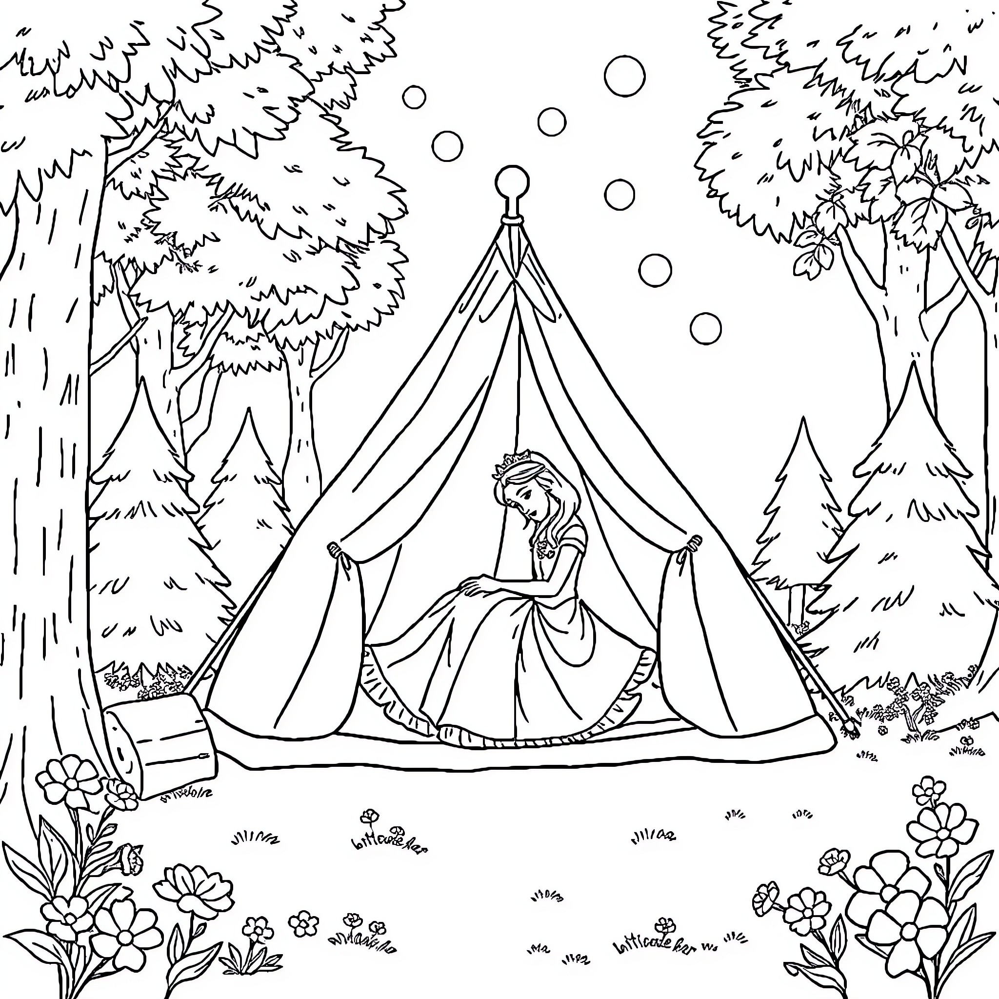 Princess relaxing in the enchanted forest Coloring Page (free black-and-white line drawing printable PDF for all, from beginners to advanced learners, including children, teens, adults, and seniors)