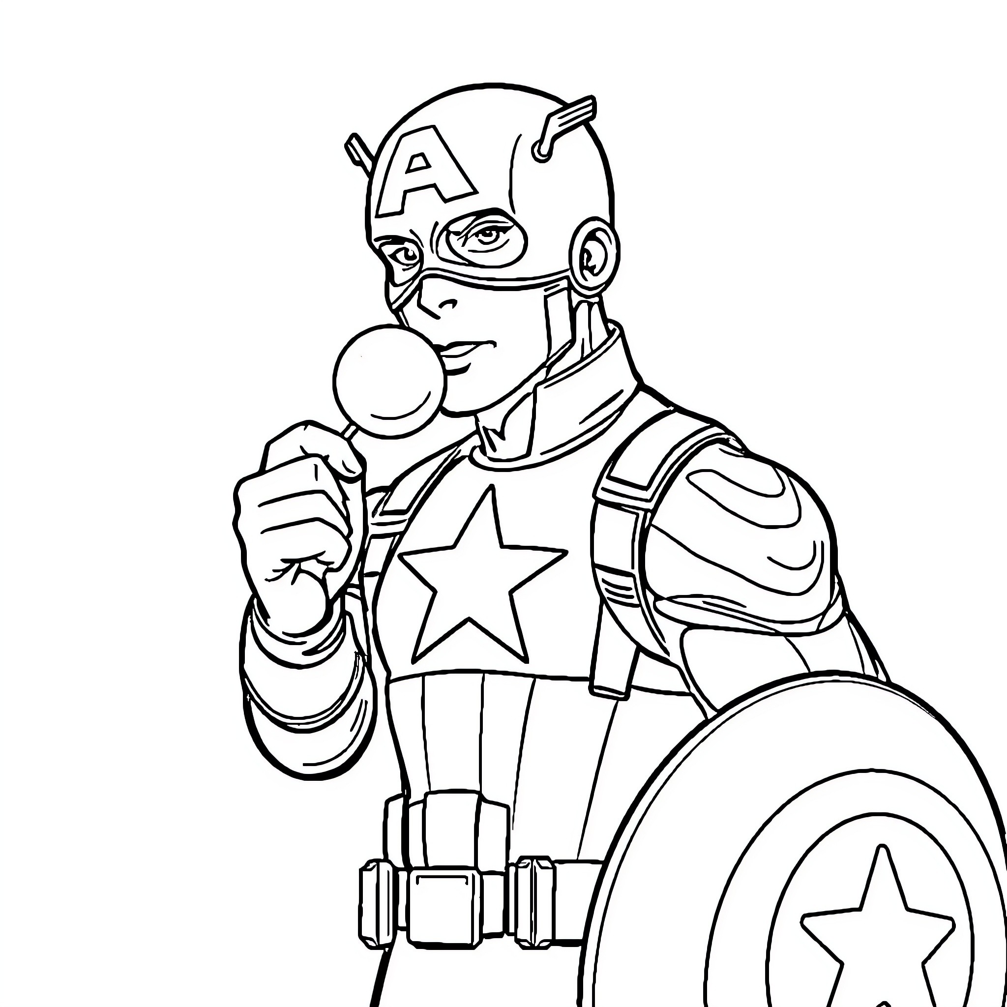 Captain America Heroic Pose with Shield Coloring Page (free black-and-white line drawing printable PDF for all, from beginners to advanced learners, including children, teens, adults, and seniors)