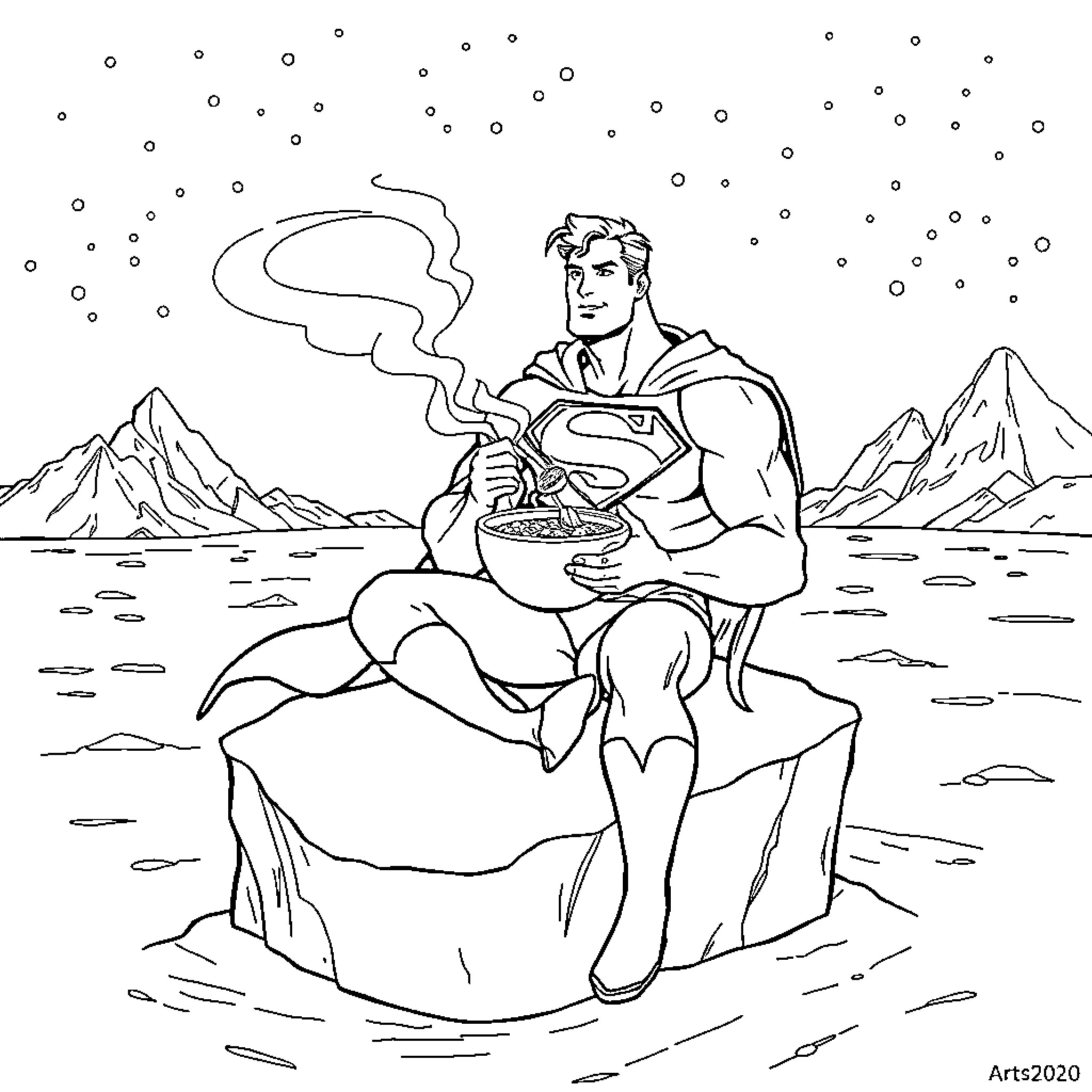 Superman enjoying a hot meal in snowy mountains Coloring Page (free black-and-white line drawing printable PDF for all, from beginners to advanced learners, including children, teens, adults, and seniors)