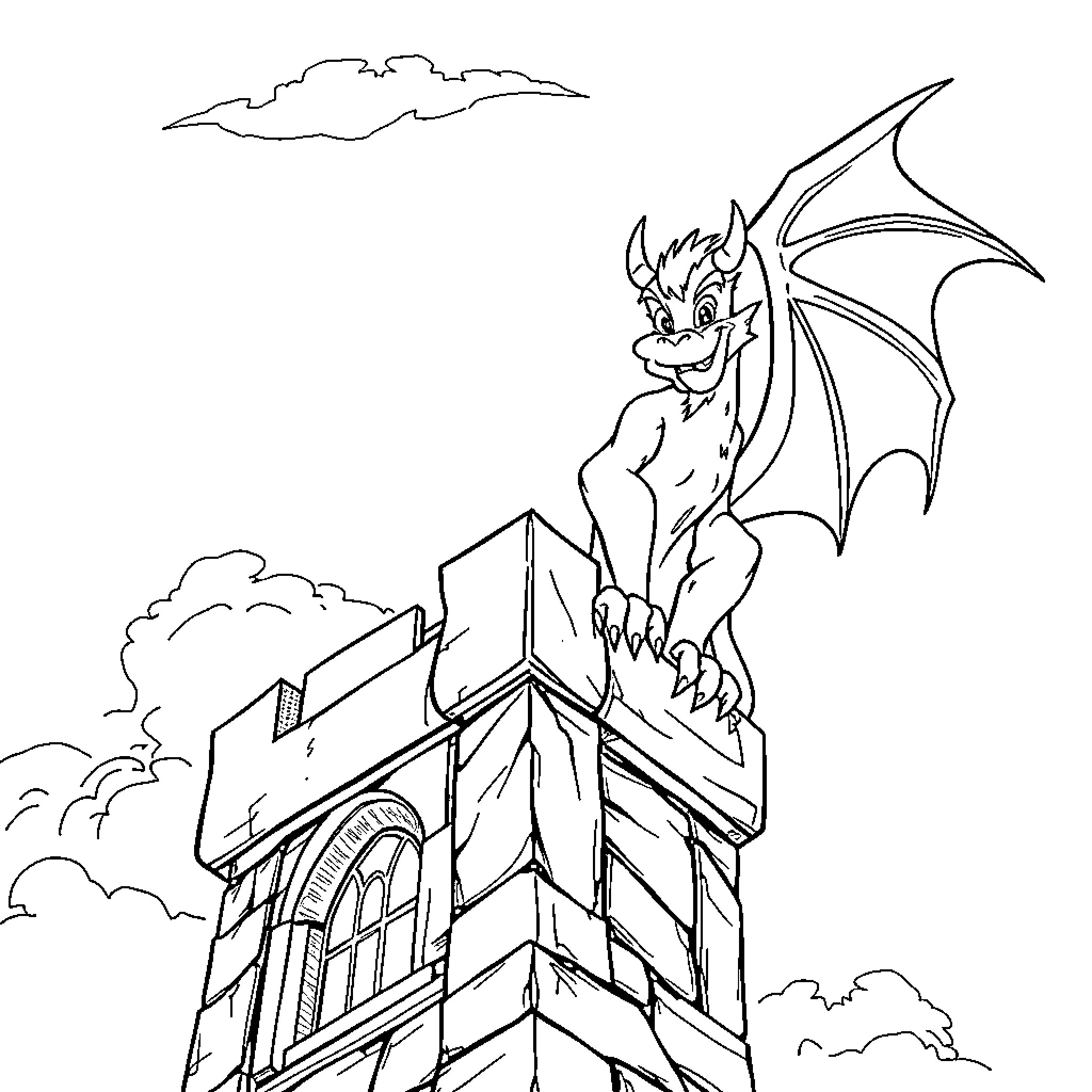 Gargoyle perched atop a medieval castle Coloring Page (free black-and-white line drawing printable PDF for all, from beginners to advanced learners, including children, teens, adults, and seniors)