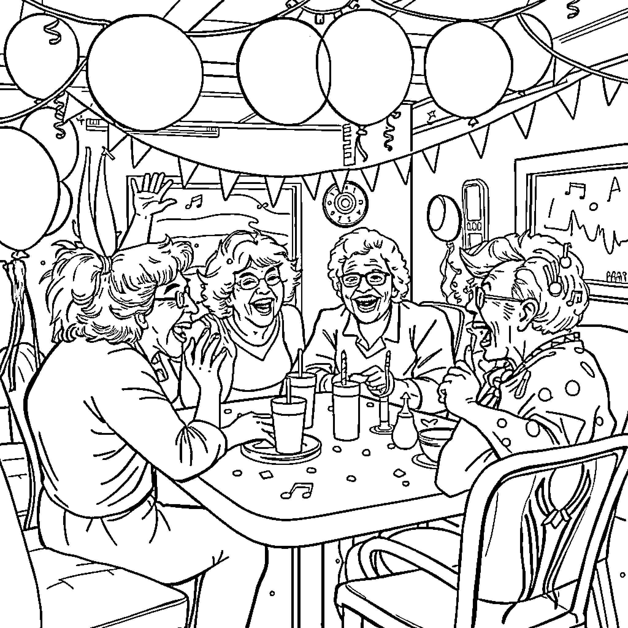 Party with Friends Enjoying Laughter and Celebration Coloring Page (free black-and-white line drawing printable PDF for all, from beginners to advanced learners, including children, teens, adults, and seniors)