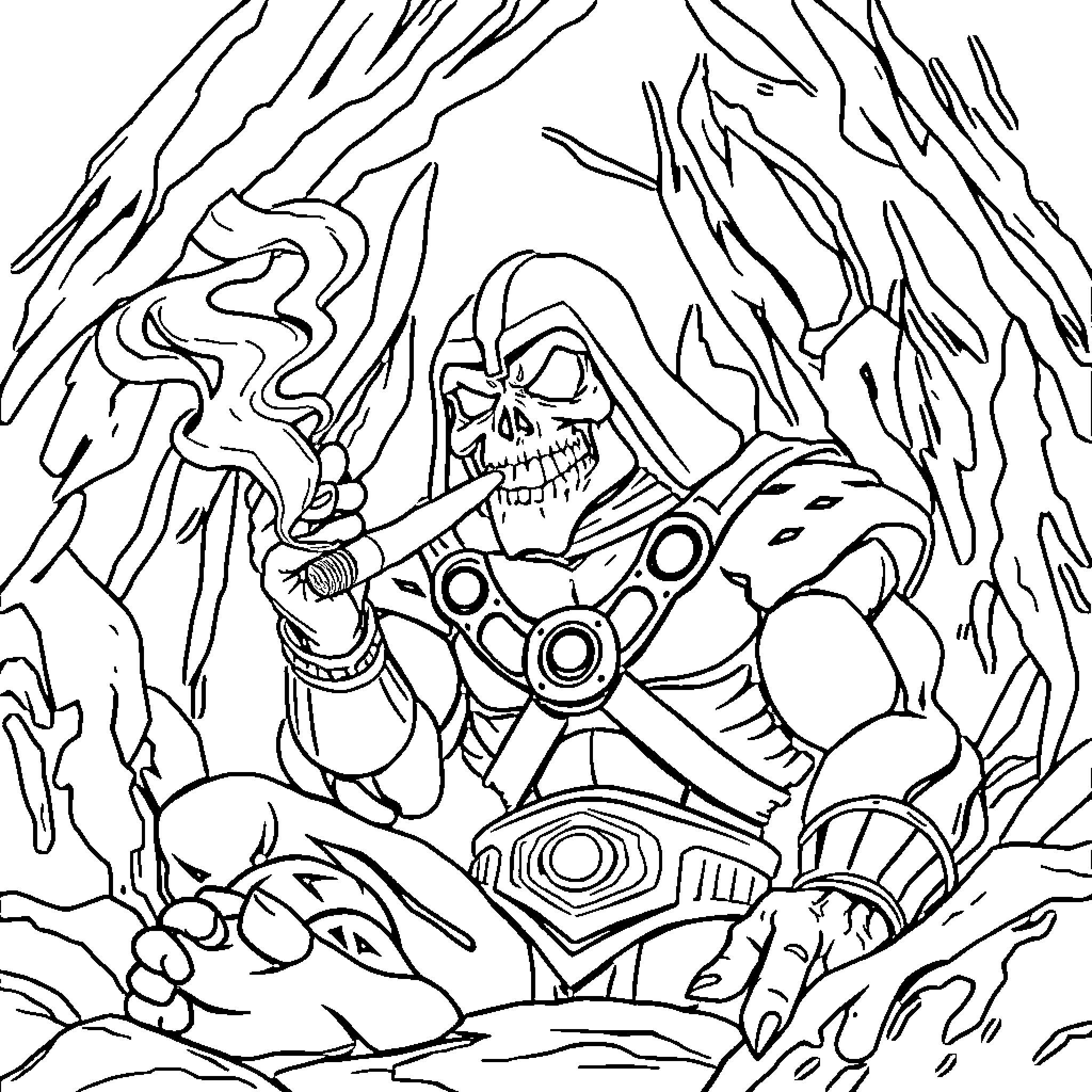 Skeletor's Sinister Triumph in the Mystical Realm Coloring Page (free black-and-white line drawing printable PDF for all, from beginners to advanced learners, including children, teens, adults, and seniors)