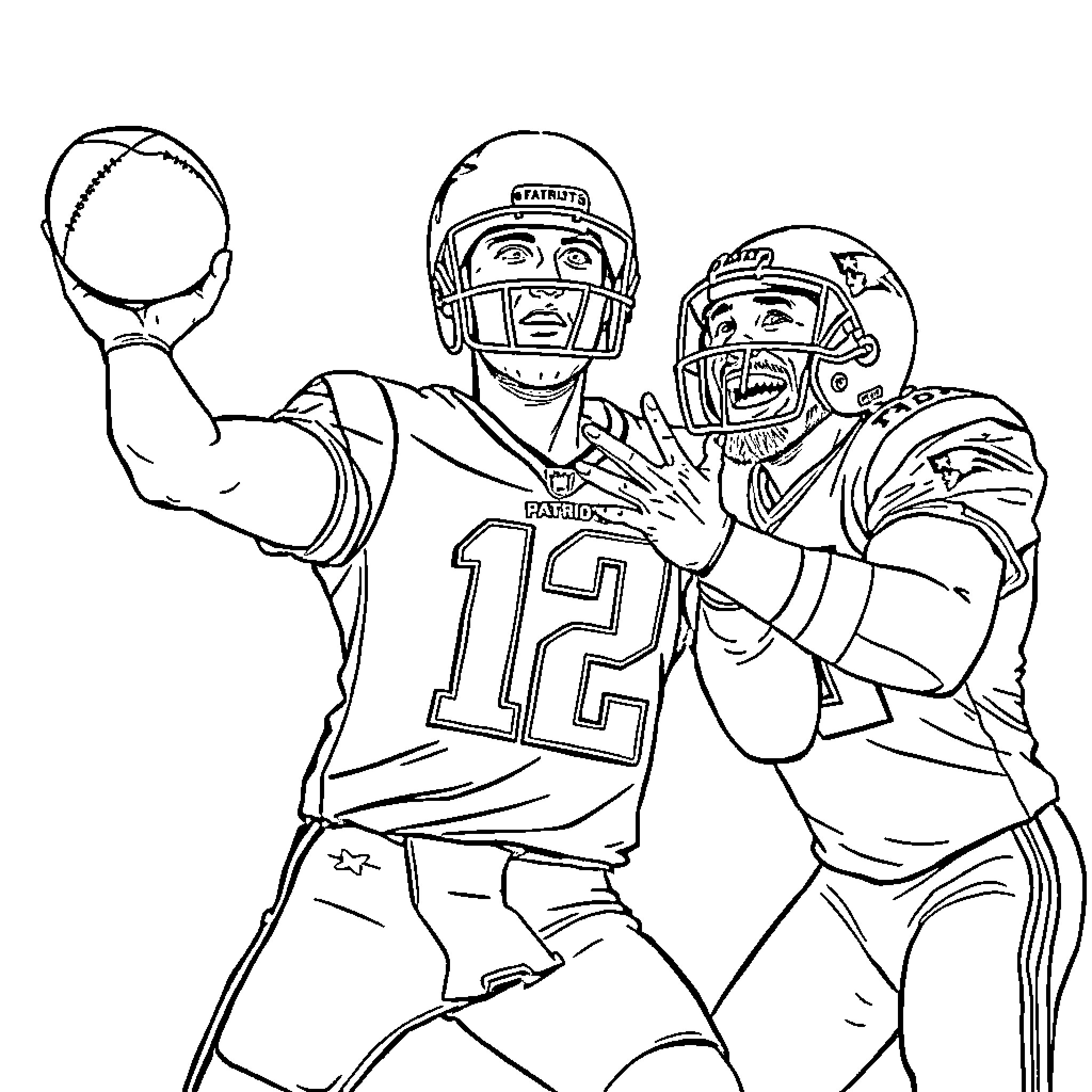 Tom Brady and fellow football player in action Coloring Page (free black-and-white line drawing printable PDF for all, from beginners to advanced learners, including children, teens, adults, and seniors)