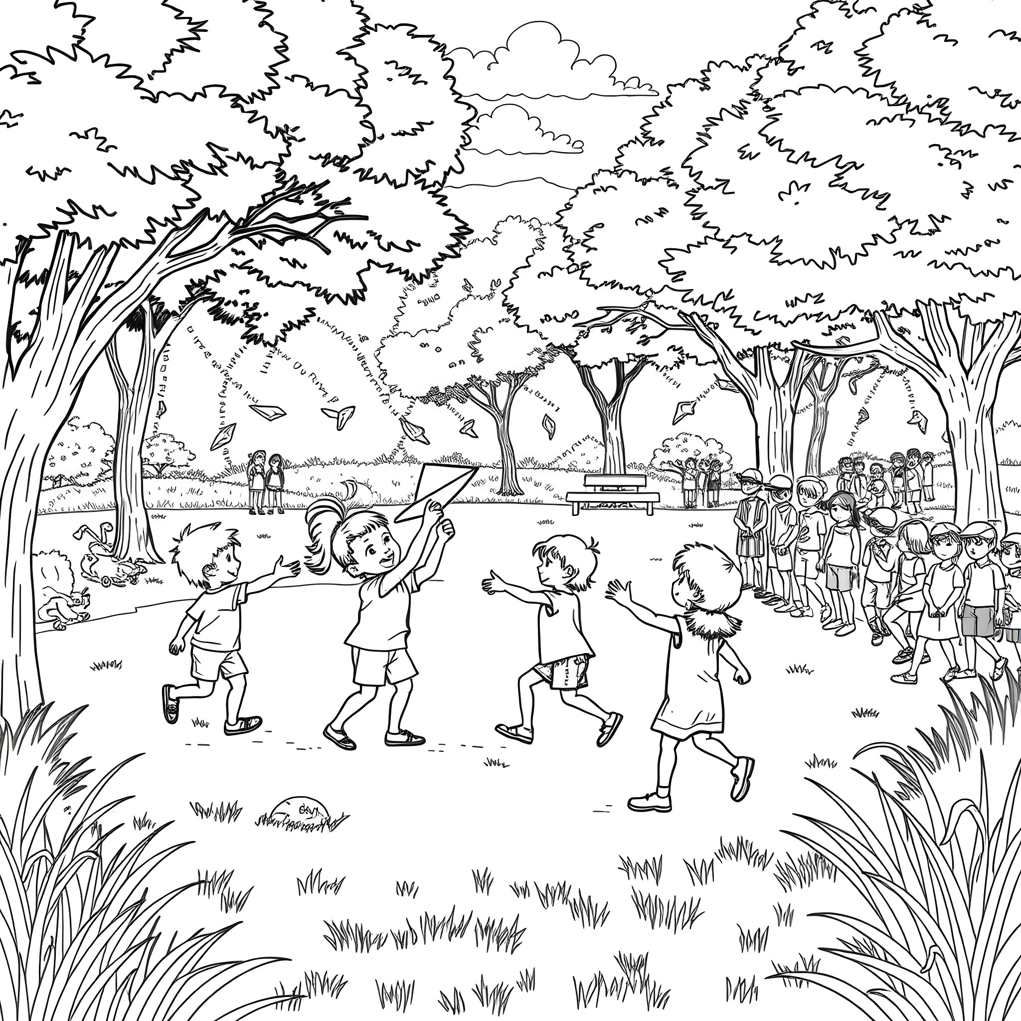 Boomerang: Children playing joyfully in a lush forest Coloring Page (free black-and-white line drawing printable PDF for all, from beginners to advanced learners, including children, teens, adults, and seniors)
