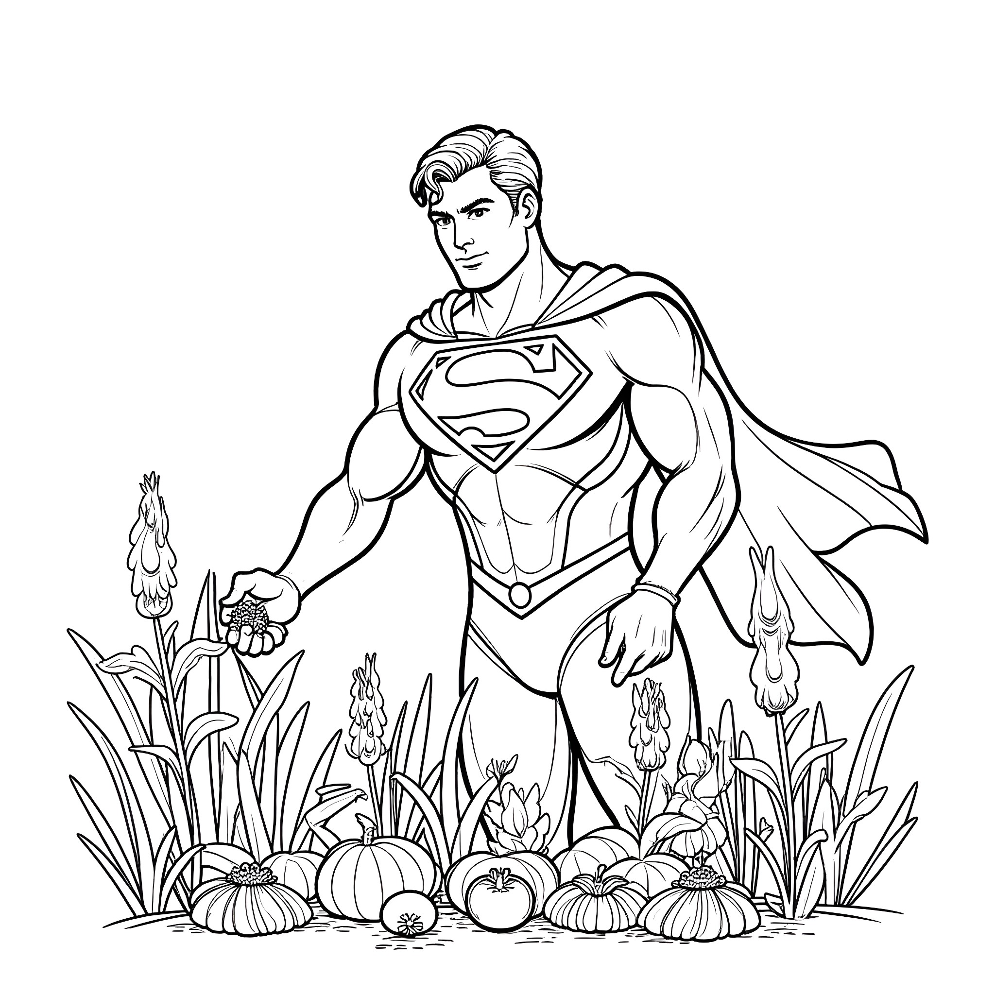 Superman surrounded by nature and flowers Coloring Page (free black-and-white line drawing printable PDF for all, from beginners to advanced learners, including children, teens, adults, and seniors)