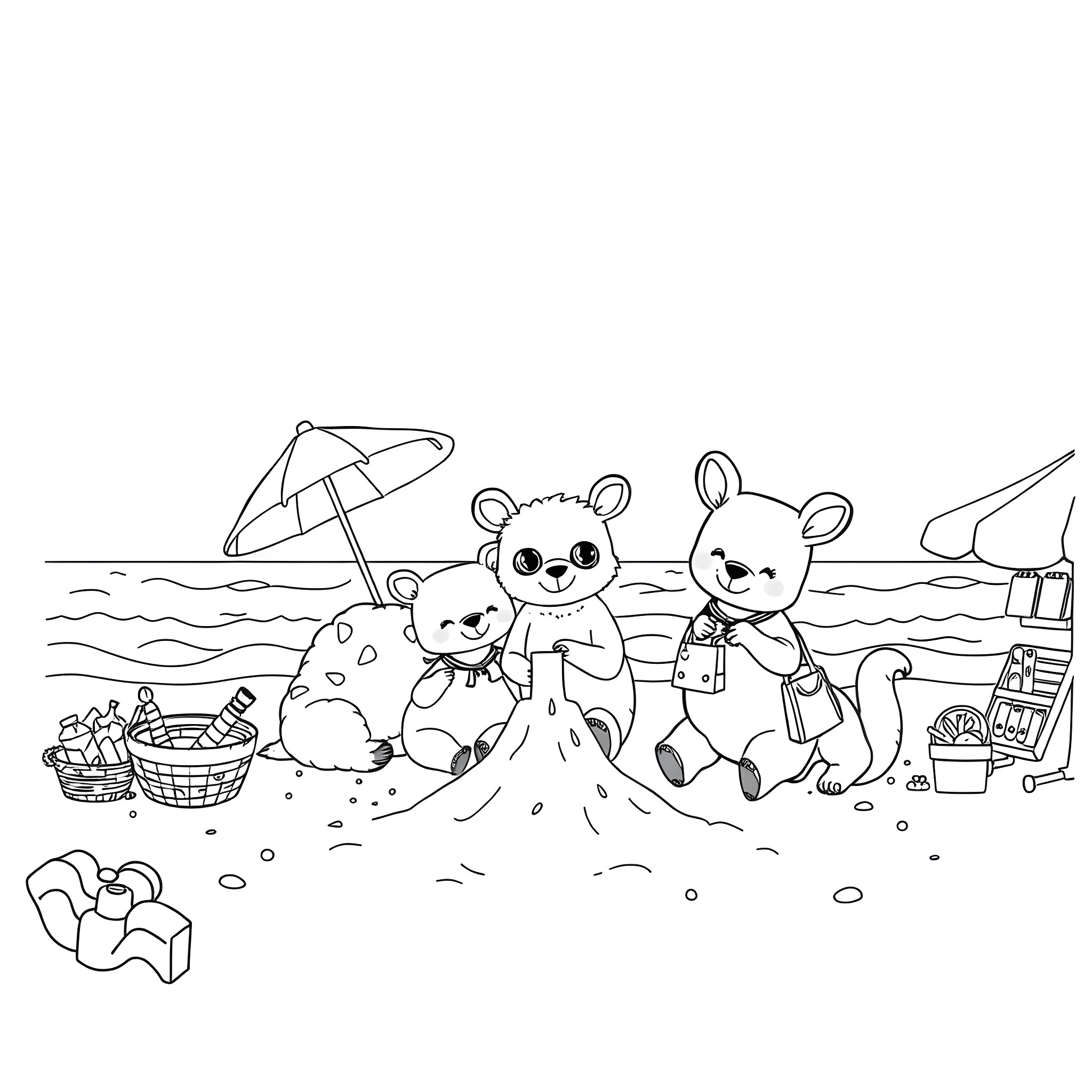 Animal family enjoying beach day with toys and accessories Coloring Page (free black-and-white line drawing printable PDF for all, from beginners to advanced learners, including children, teens, adults, and seniors)