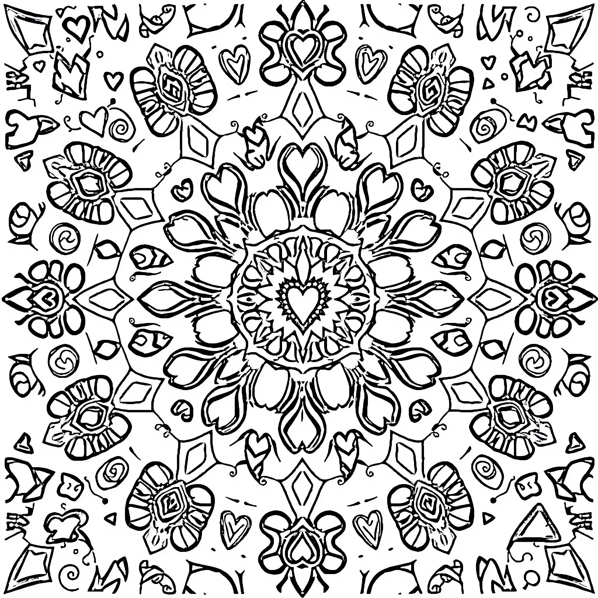 Heart-Shaped Kaleidoscopic Mandala Pattern Coloring Page (free black-and-white line drawing printable PDF for all, from beginners to advanced learners, including children, teens, adults, and seniors)