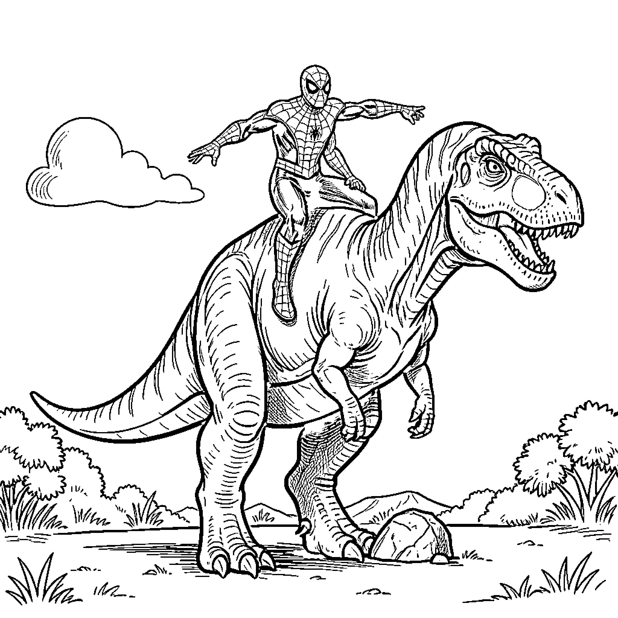 Spiderman riding a fearsome dinosaur Coloring Page (free black-and-white line drawing printable PDF for all, from beginners to advanced learners, including children, teens, adults, and seniors)