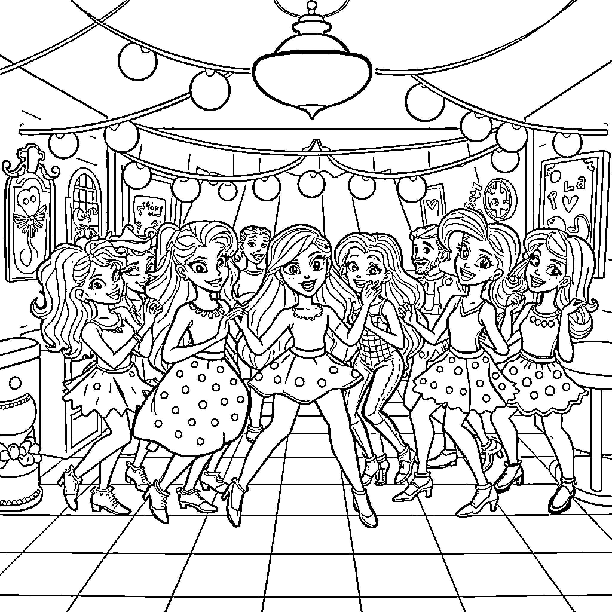Gabby's Dollhouse: Girls Dancing at a Party Coloring Page (free black-and-white line drawing printable PDF for all, from beginners to advanced learners, including children, teens, adults, and seniors)