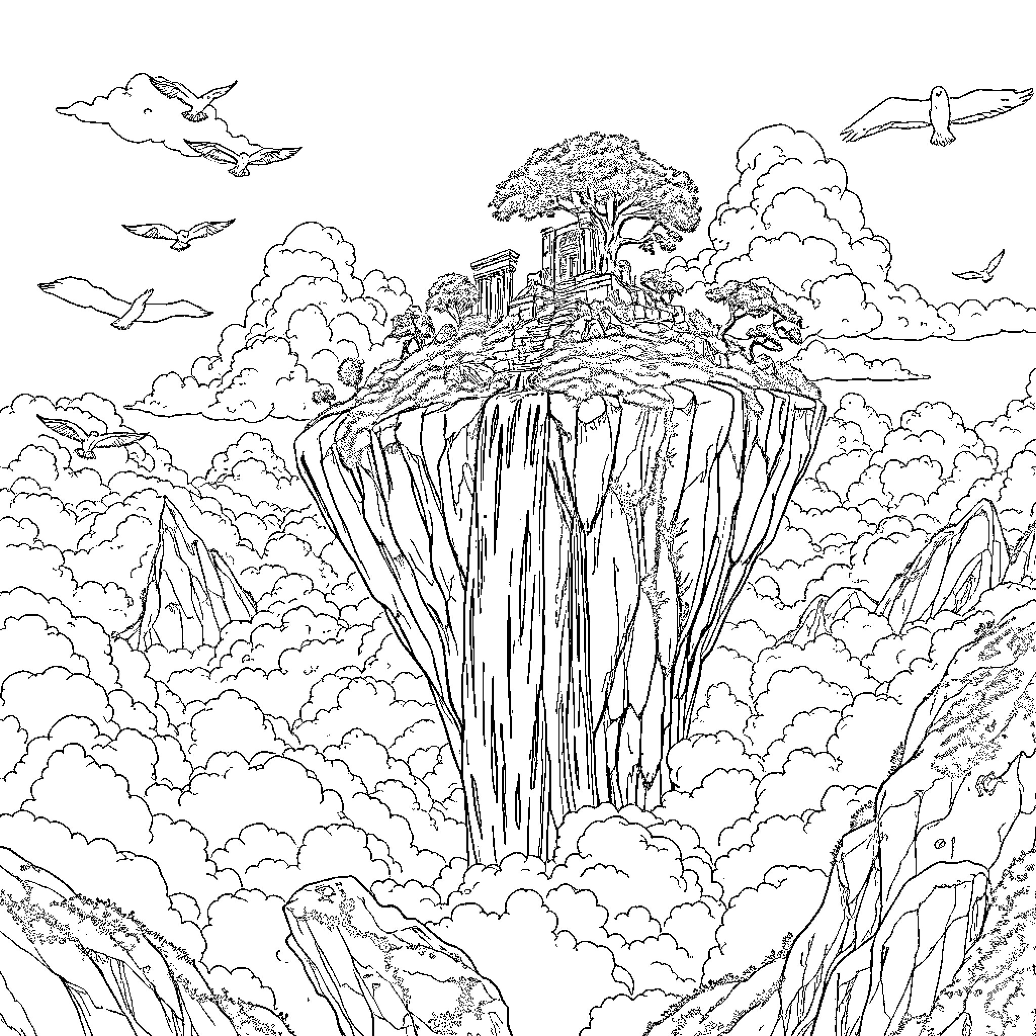 Island of Floating Fantasies in the Clouds Coloring Page (free black-and-white line drawing printable PDF for all, from beginners to advanced learners, including children, teens, adults, and seniors)