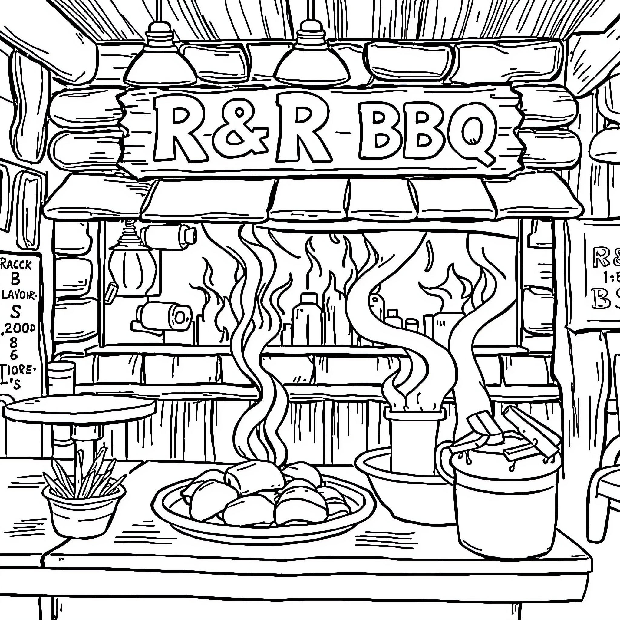 R&R BBQ Cooking Feast with Flames and Grilled Delights Coloring Page (free black-and-white line drawing printable PDF for all, from beginners to advanced learners, including children, teens, adults, and seniors)