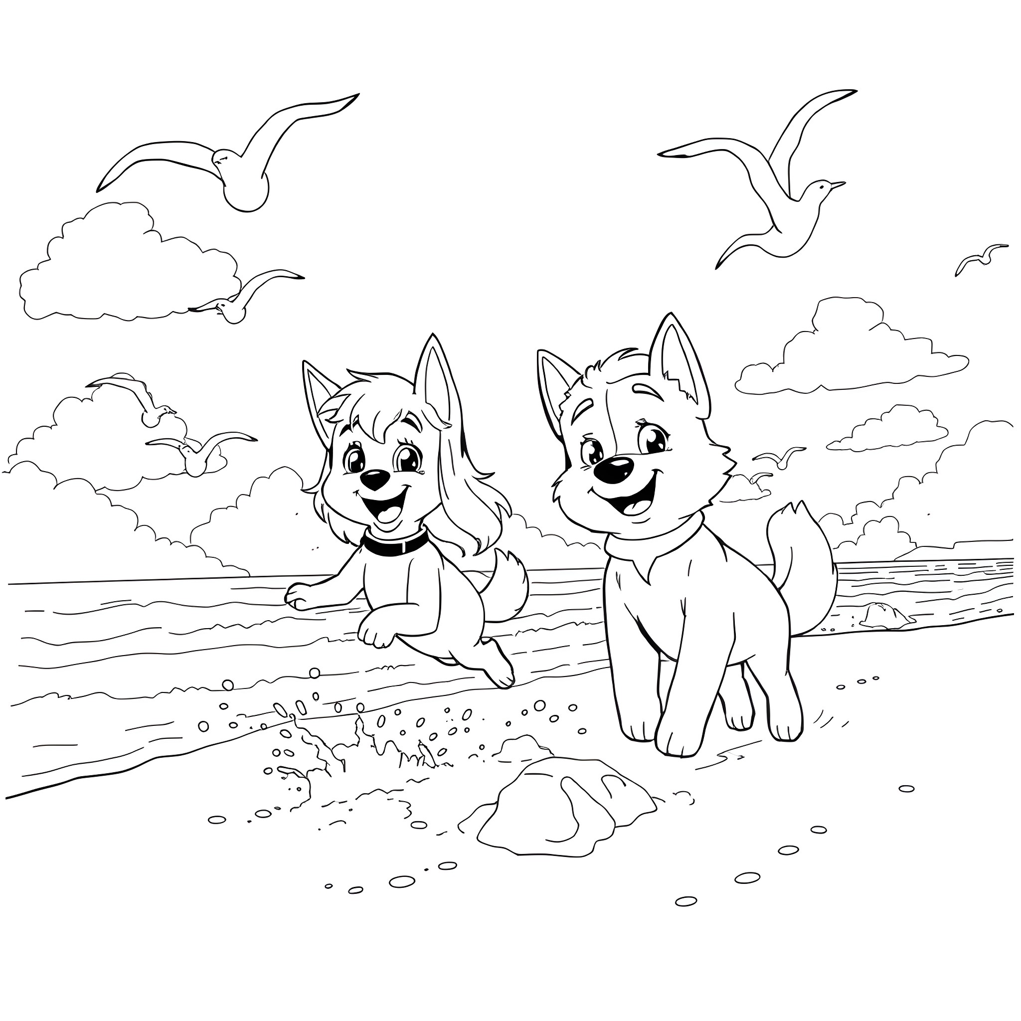 Skye's coastal adventure with playful pups Coloring Page (free black-and-white line drawing printable PDF for all, from beginners to advanced learners, including children, teens, adults, and seniors)