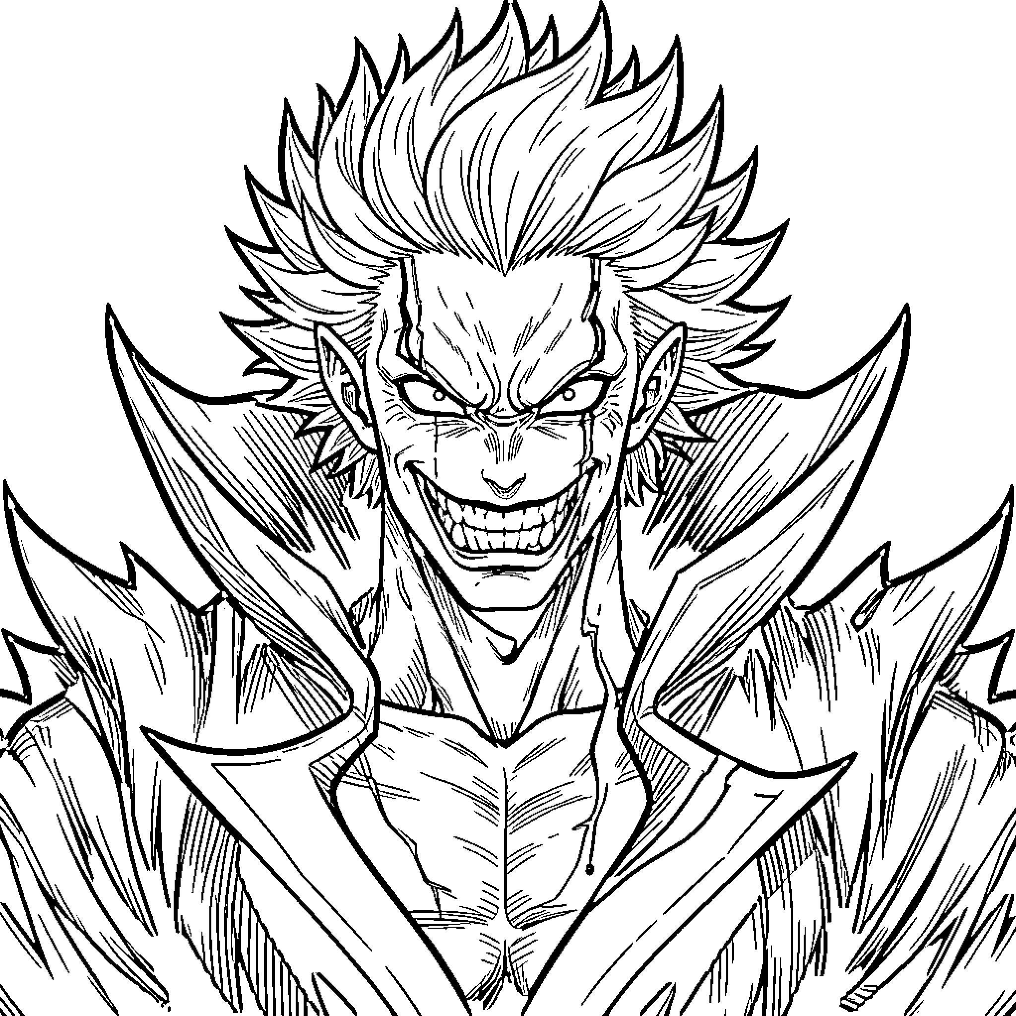 Sukuna in Fierce Demonic Pose Coloring Page (free black-and-white line drawing printable PDF for all, from beginners to advanced learners, including children, teens, adults, and seniors)