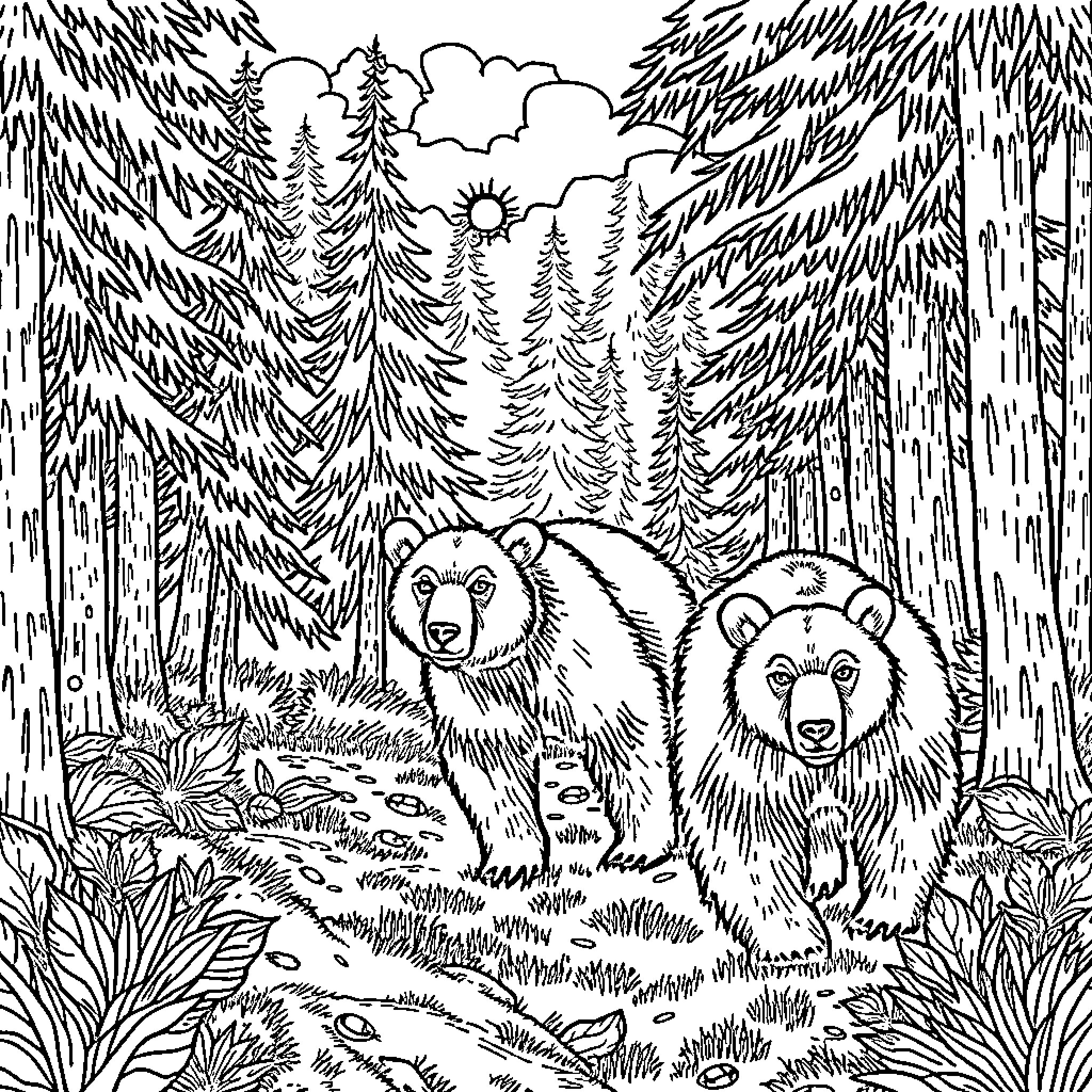 Bear family in the forest wilderness Coloring Page (free black-and-white line drawing printable PDF for all, from beginners to advanced learners, including children, teens, adults, and seniors)