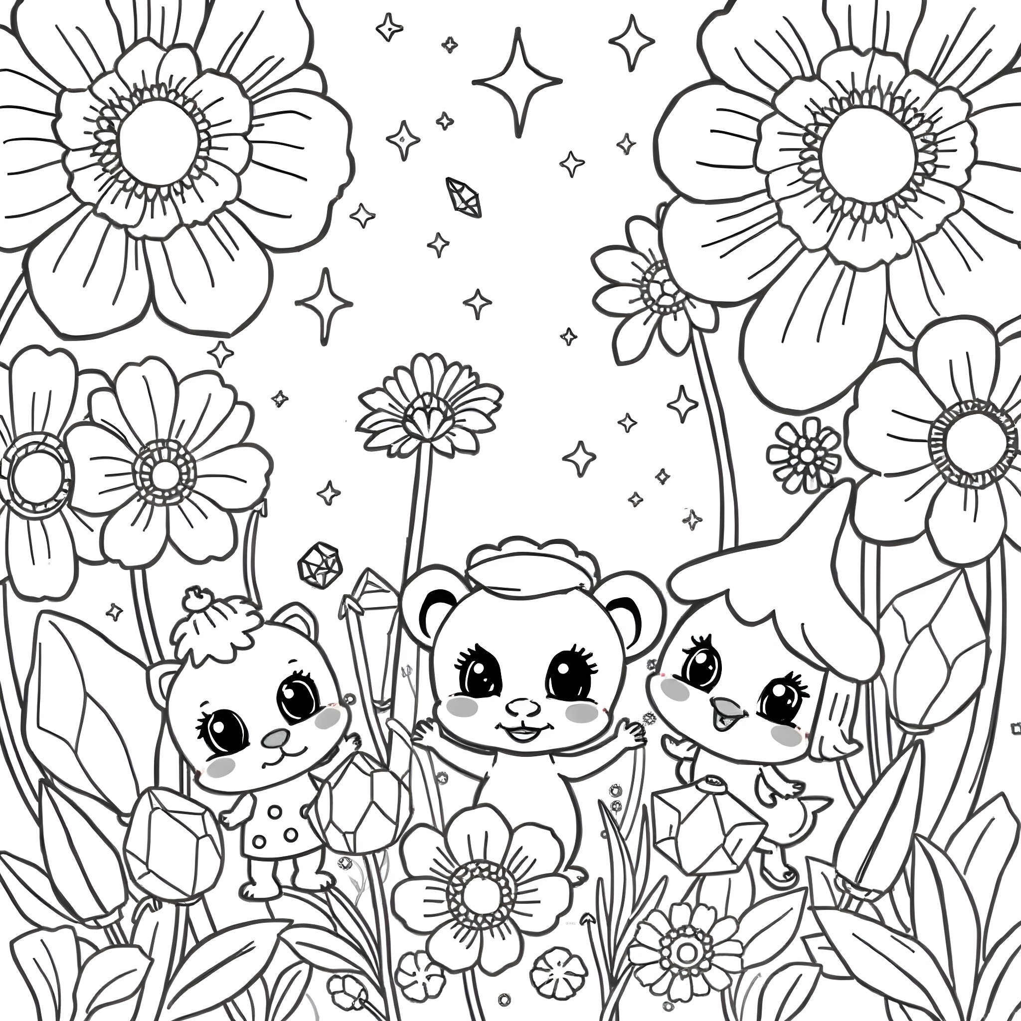 Beadie's Flower Field Adventure Coloring Page (free black-and-white line drawing printable PDF for all, from beginners to advanced learners, including children, teens, adults, and seniors)