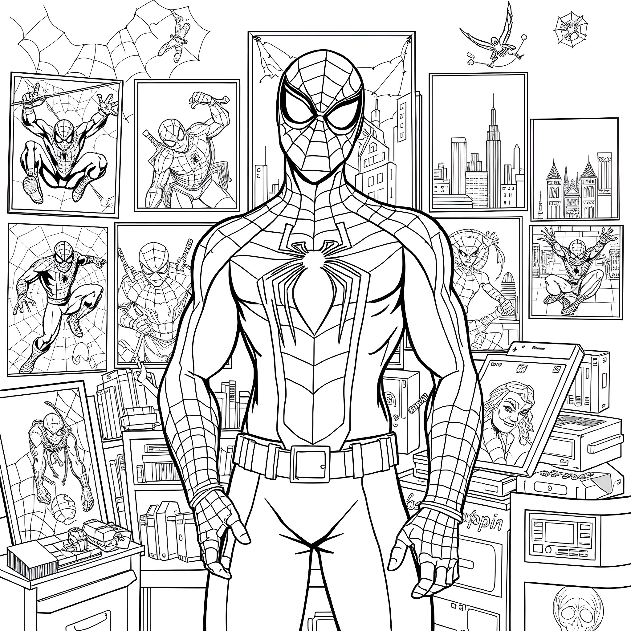 Spiderman in action pose with cityscape background Coloring Page (free black-and-white line drawing printable PDF for all, from beginners to advanced learners, including children, teens, adults, and seniors)