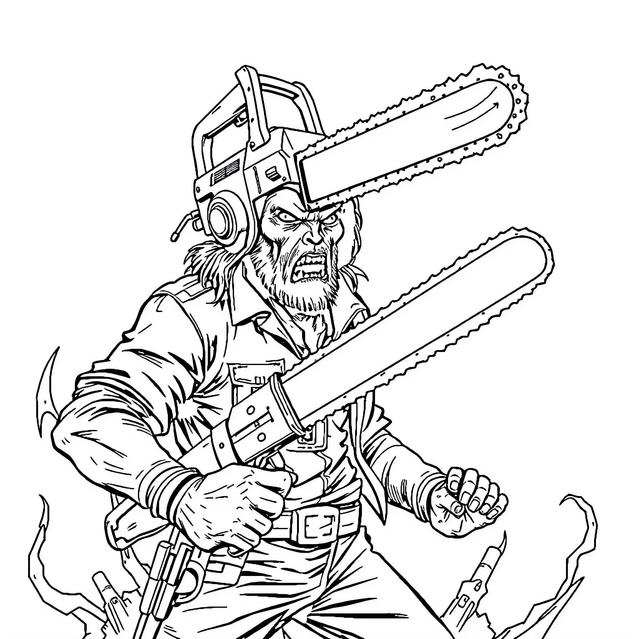 Chainsaw Man wielding dual chainsaws in intense action Coloring Page (free black-and-white line drawing printable PDF for all, from beginners to advanced learners, including children, teens, adults, and seniors)