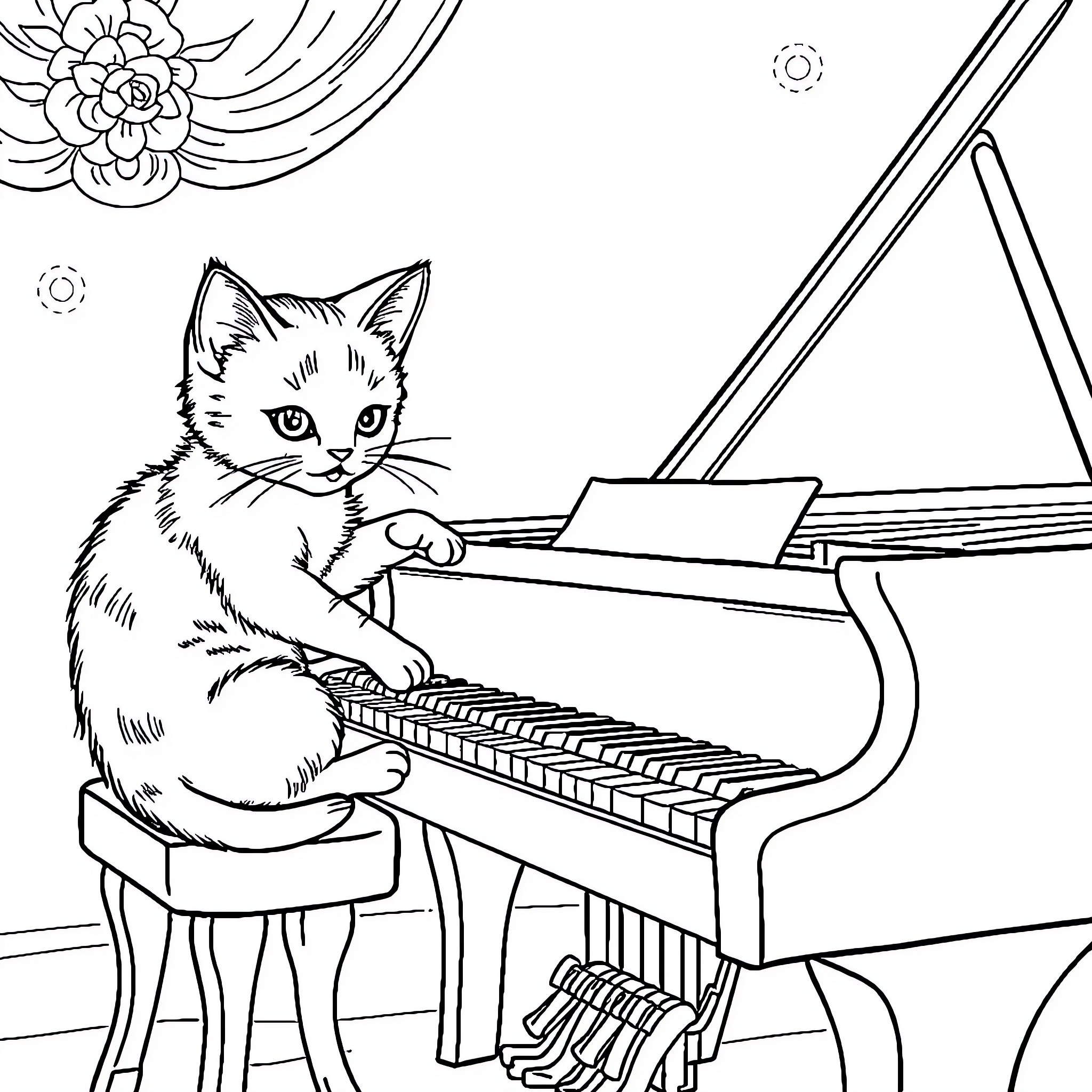 Cat playing piano in elegant room Coloring Page (free black-and-white line drawing printable PDF for all, from beginners to advanced learners, including children, teens, adults, and seniors)