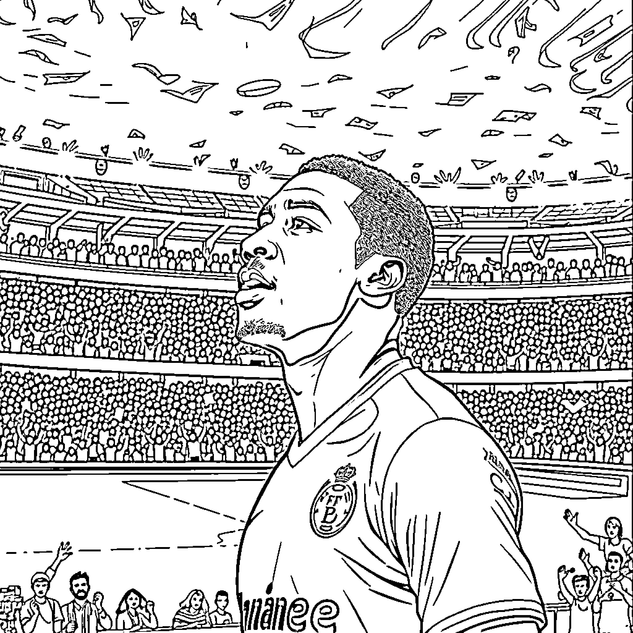 Mbappe's Triumphant Moment on the Pitch Coloring Page (free black-and-white line drawing printable PDF for all, from beginners to advanced learners, including children, teens, adults, and seniors)