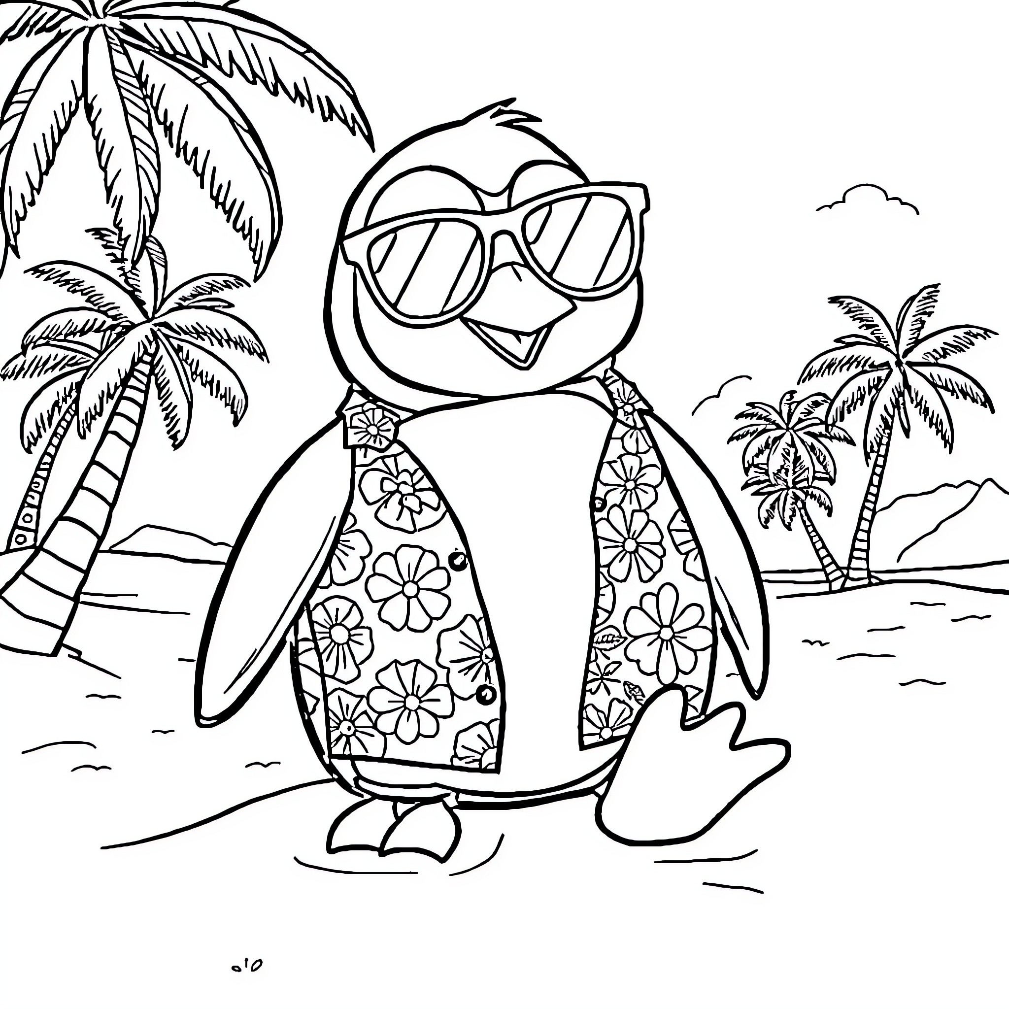 Penguin enjoying summer vacation on the beach Coloring Page (free black-and-white line drawing printable PDF for all, from beginners to advanced learners, including children, teens, adults, and seniors)
