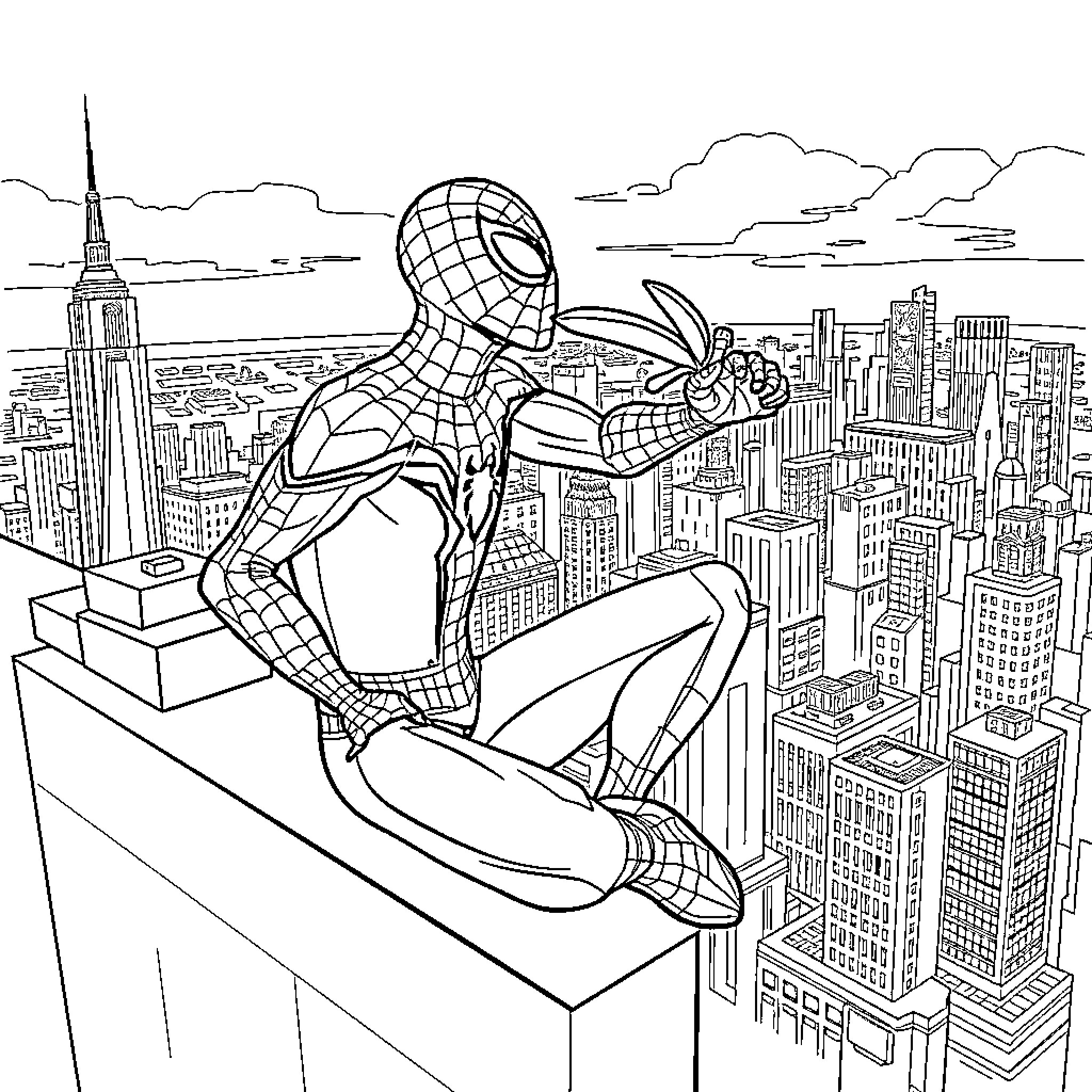 Spiderman overlooking the city skyline Coloring Page (free black-and-white line drawing printable PDF for all, from beginners to advanced learners, including children, teens, adults, and seniors)