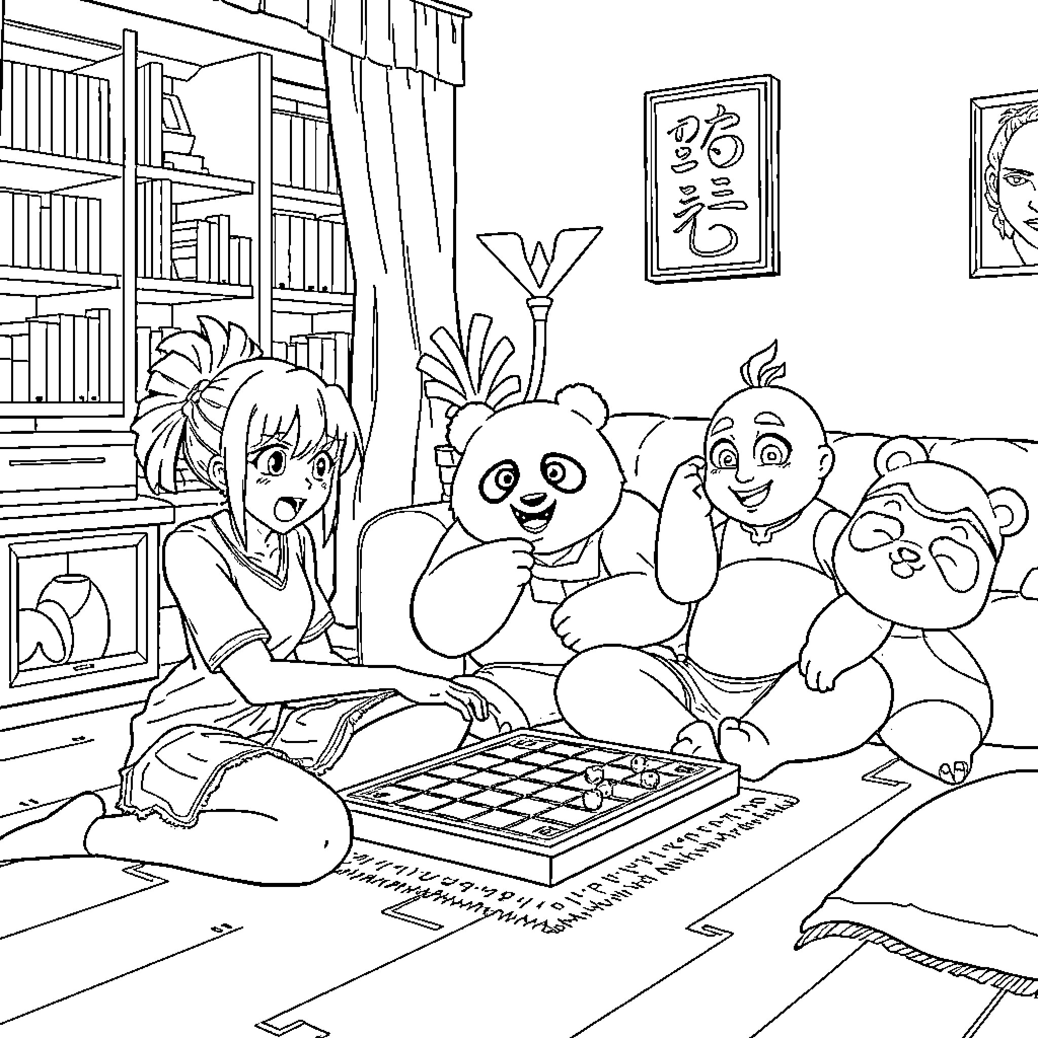 Character playing board game with animal friends in library Coloring Page (free black-and-white line drawing printable PDF for all, from beginners to advanced learners, including children, teens, adults, and seniors)