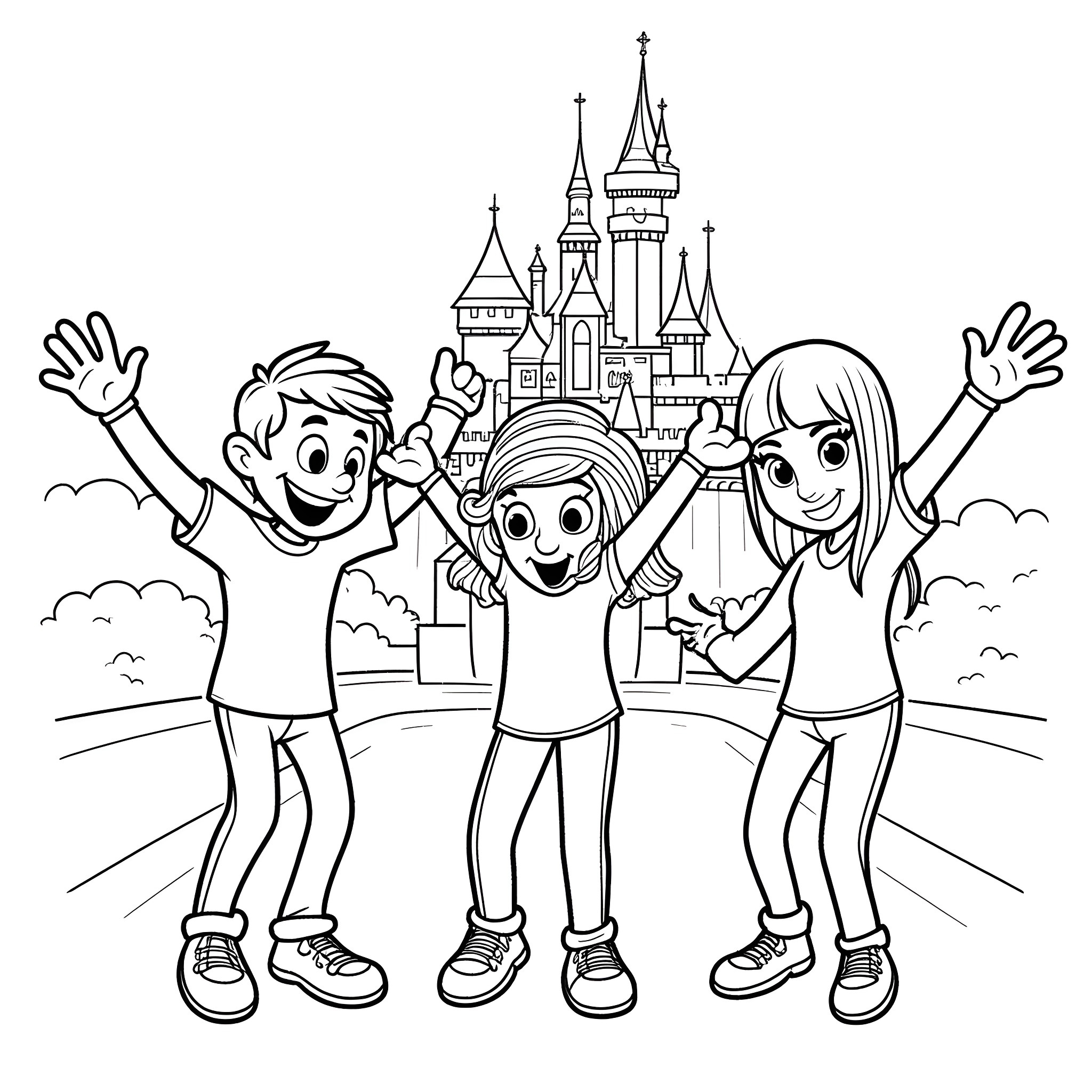 Friend's fun adventure at the castle Coloring Page (free black-and-white line drawing printable PDF for all, from beginners to advanced learners, including children, teens, adults, and seniors)