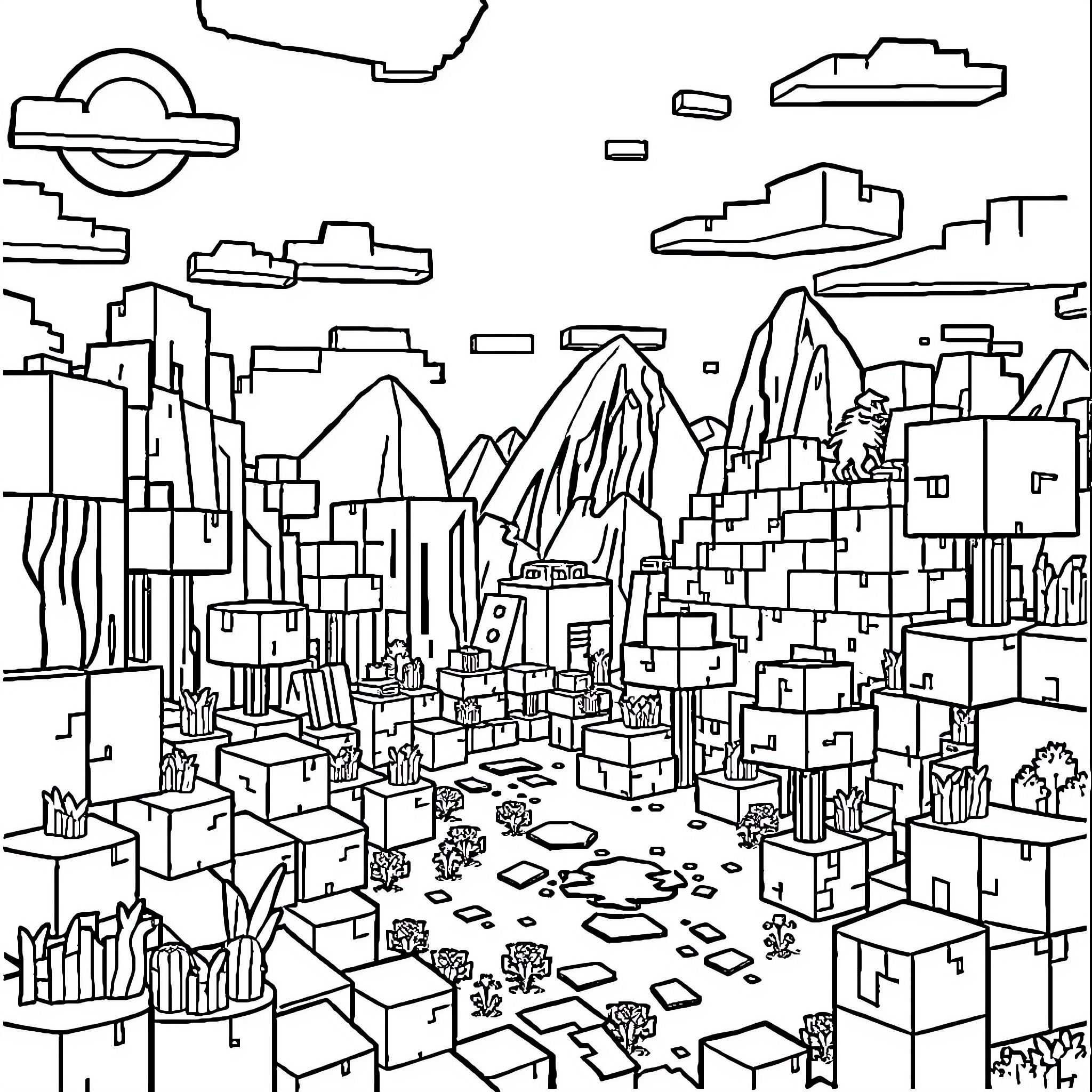 Minecraft Cityscape with Diverse Architecture and Landscape Coloring Page (free black-and-white line drawing printable PDF for all, from beginners to advanced learners, including children, teens, adults, and seniors)