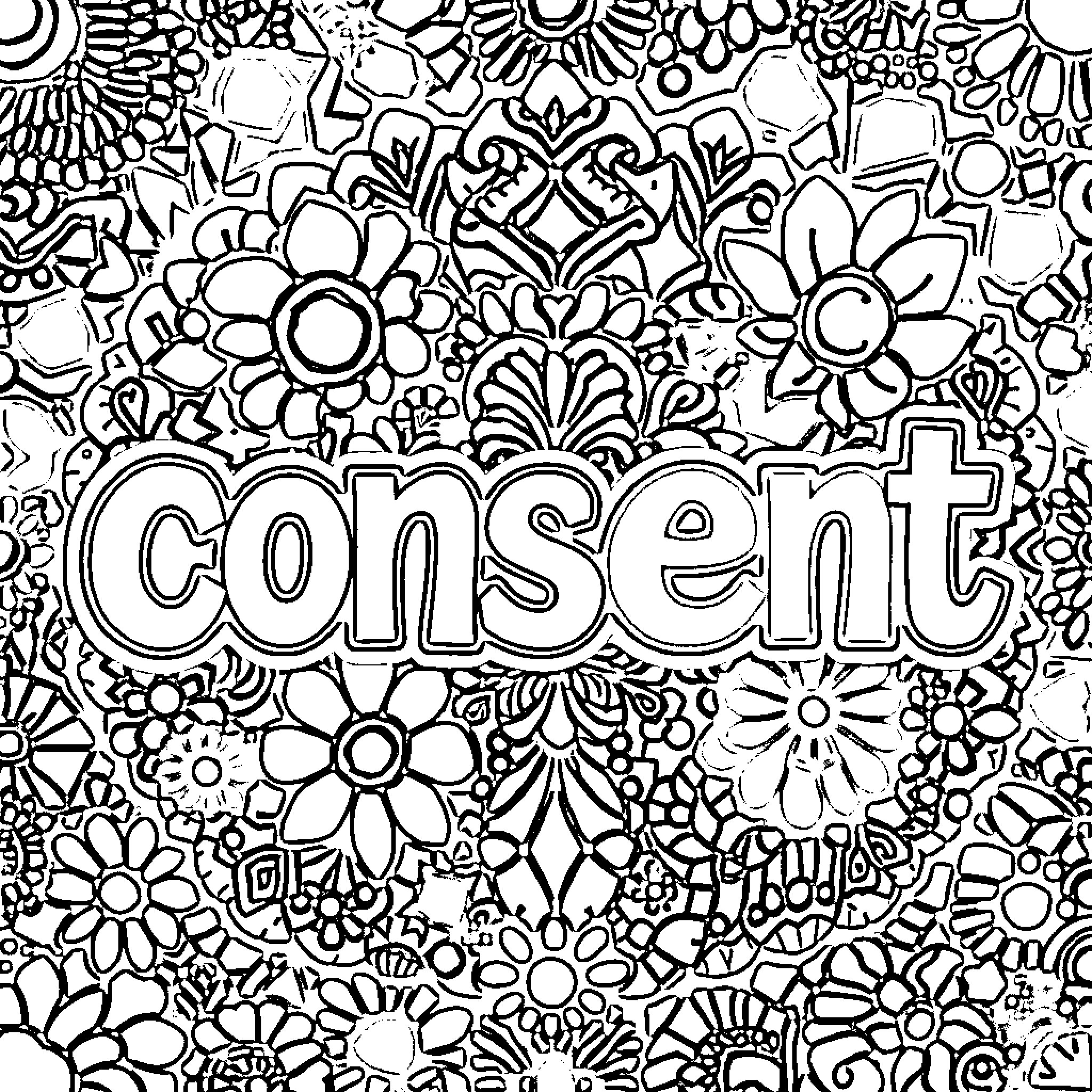 Consent: Floral Pattern and Expressions Coloring Page (free black-and-white line drawing printable PDF for all, from beginners to advanced learners, including children, teens, adults, and seniors)