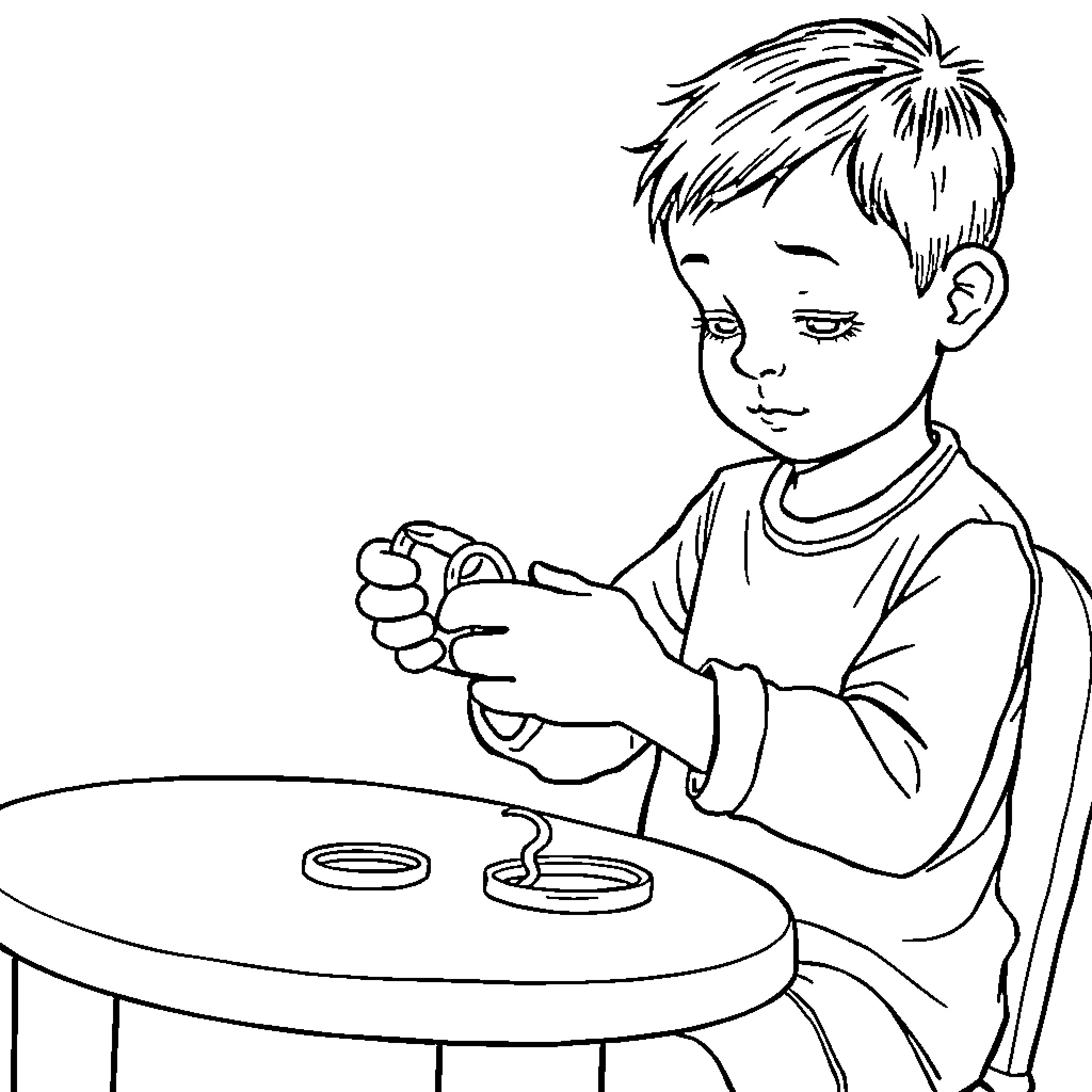Boy playing with toys on a table Coloring Page (free black-and-white line drawing printable PDF for all, from beginners to advanced learners, including children, teens, adults, and seniors)