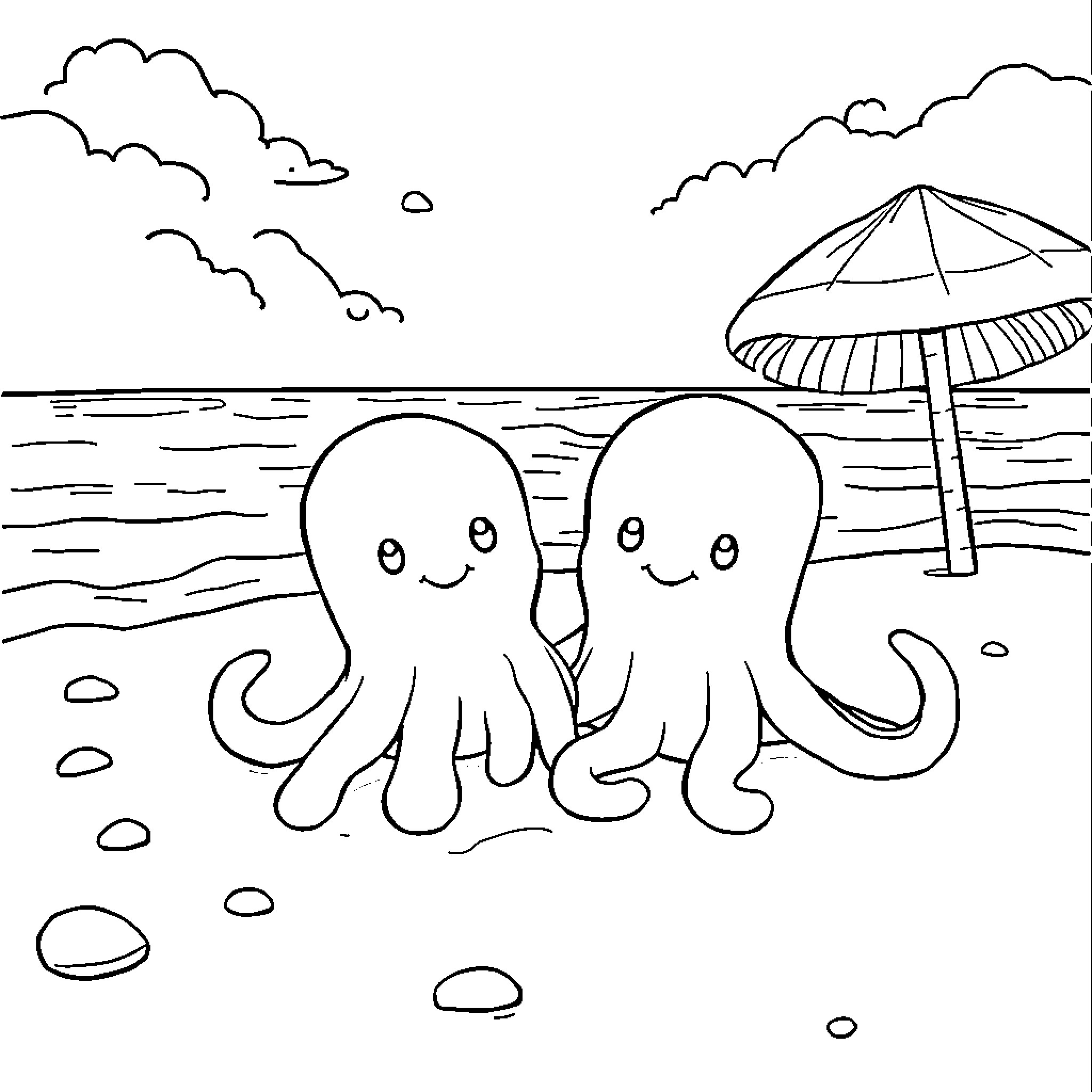 Sqidhmallows enjoying a day at the beach Coloring Page (free black-and-white line drawing printable PDF for all, from beginners to advanced learners, including children, teens, adults, and seniors)