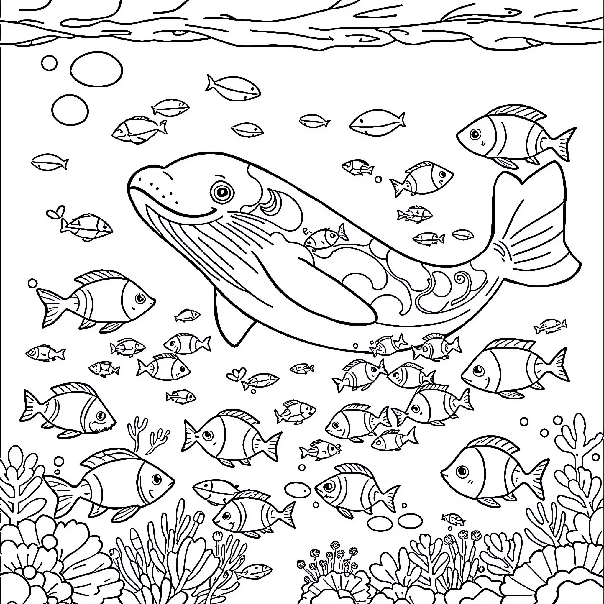Ours: Marine life adventure with playful creatures Coloring Page (free black-and-white line drawing printable PDF for all, from beginners to advanced learners, including children, teens, adults, and seniors)