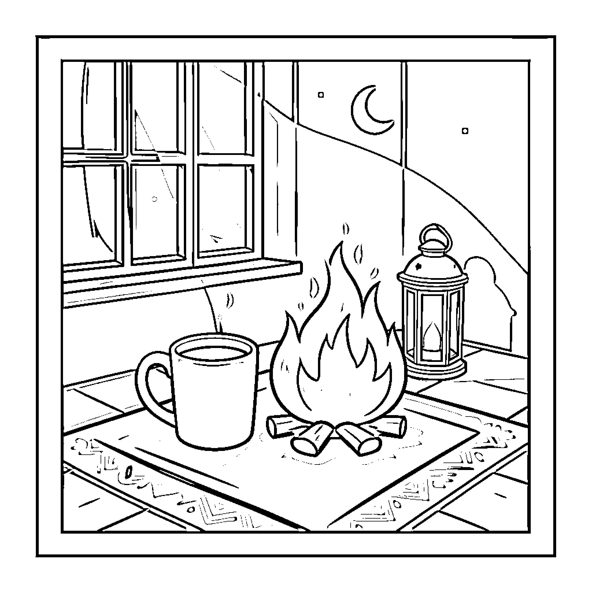 Mug sitting near a cozy campfire and lantern Coloring Page (free black-and-white line drawing printable PDF for all, from beginners to advanced learners, including children, teens, adults, and seniors)