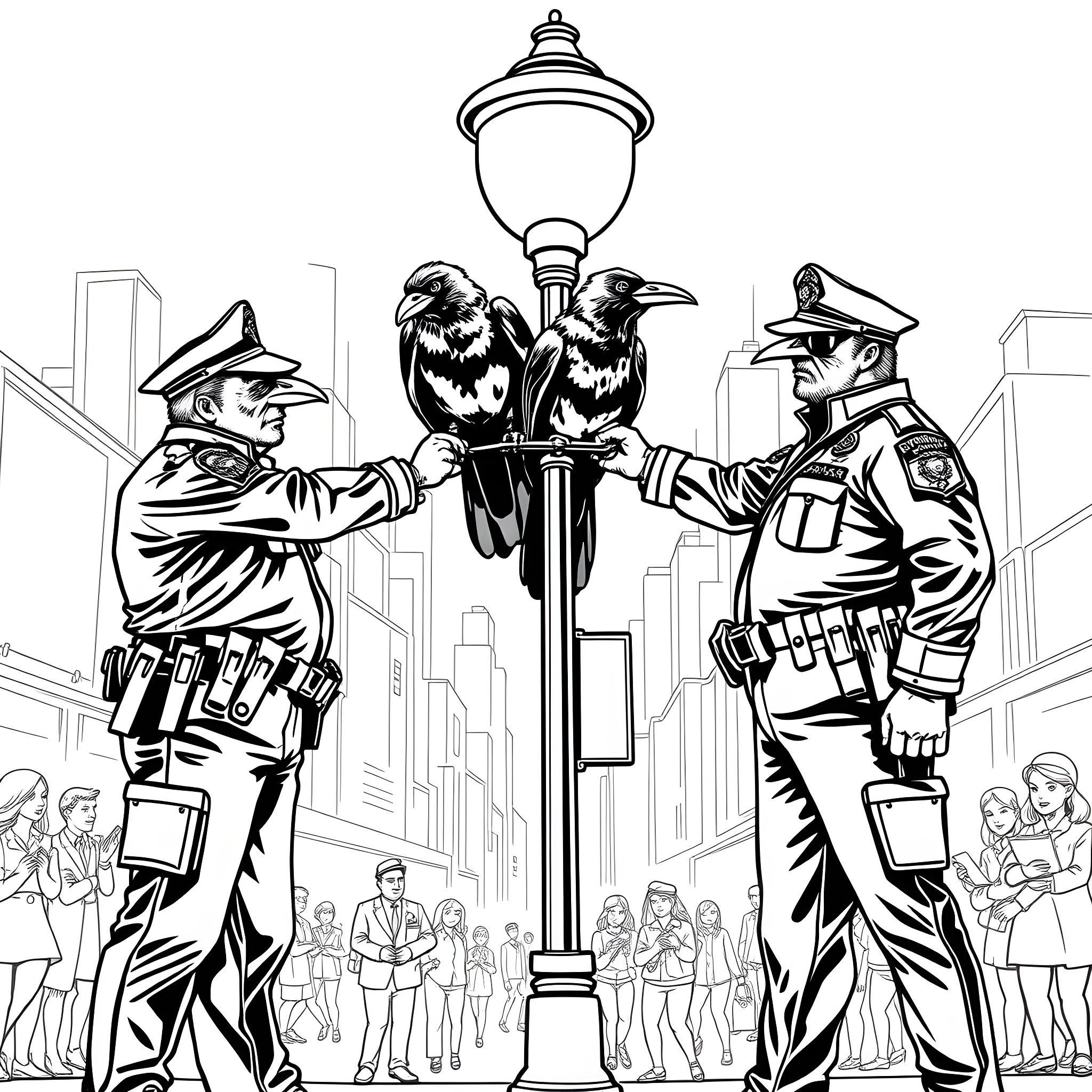 Crow Confrontation in the City Coloring Page (free black-and-white line drawing printable PDF for all, from beginners to advanced learners, including children, teens, adults, and seniors)