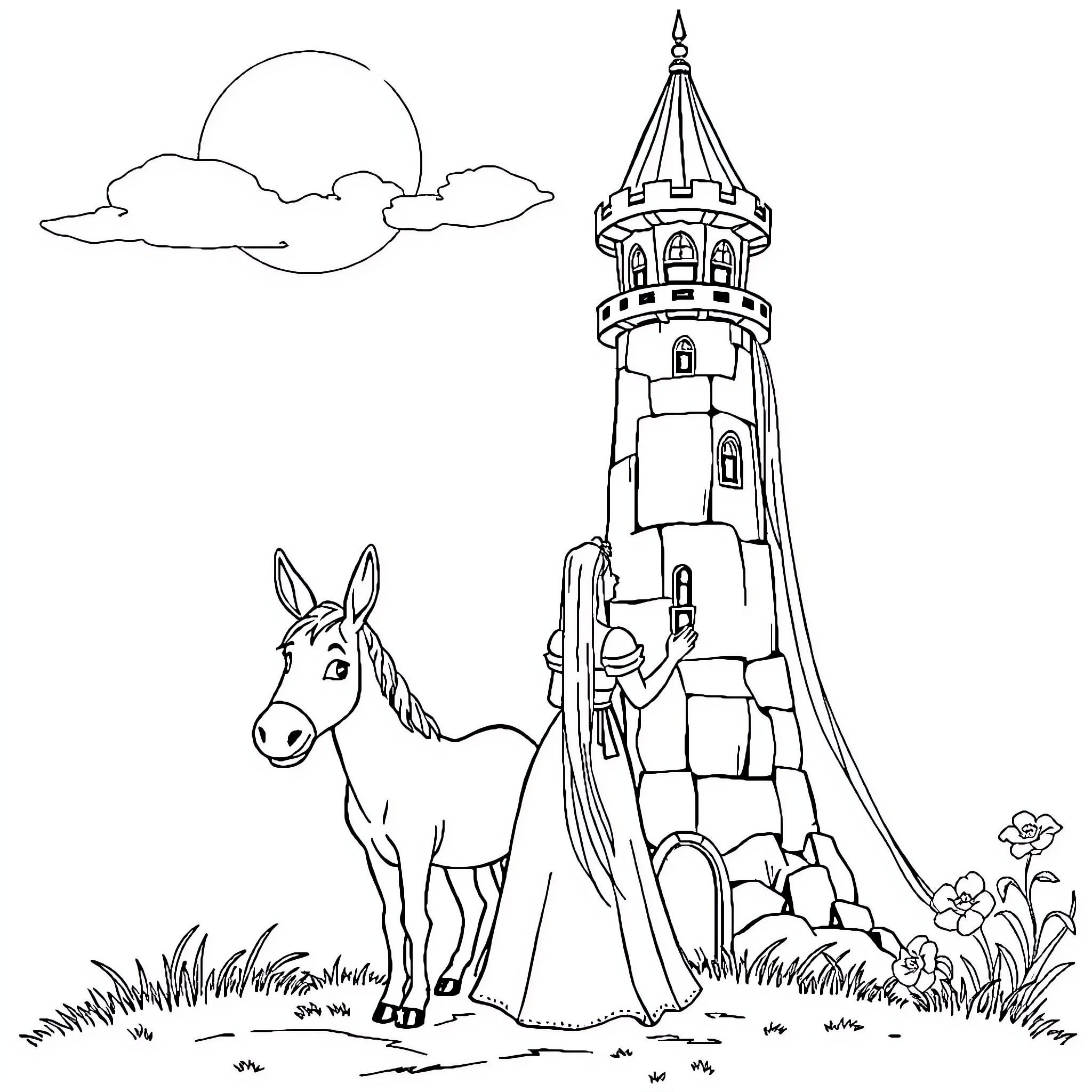 Rapunzel's Enchanting Castle and Companion Coloring Page (free black-and-white line drawing printable PDF for all, from beginners to advanced learners, including children, teens, adults, and seniors)