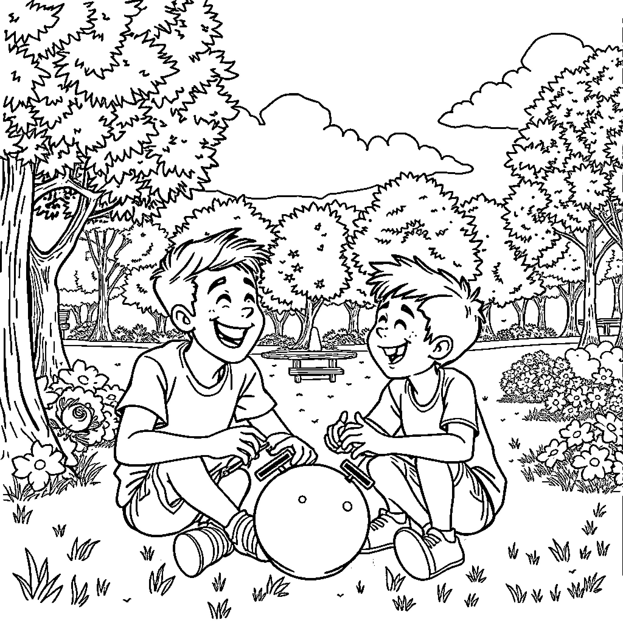 Álvaro Soler and friend playing outdoors in nature Coloring Page (free black-and-white line drawing printable PDF for all, from beginners to advanced learners, including children, teens, adults, and seniors)