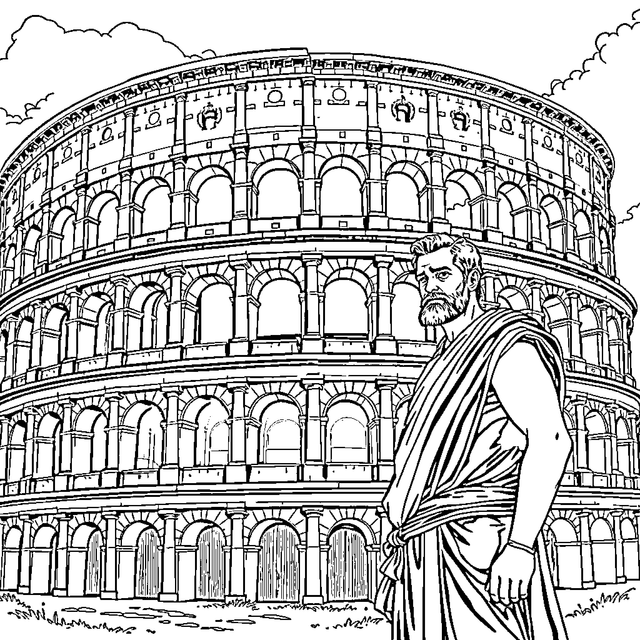 Roman figure standing before the Colosseum Coloring Page (free black-and-white line drawing printable PDF for all, from beginners to advanced learners, including children, teens, adults, and seniors)