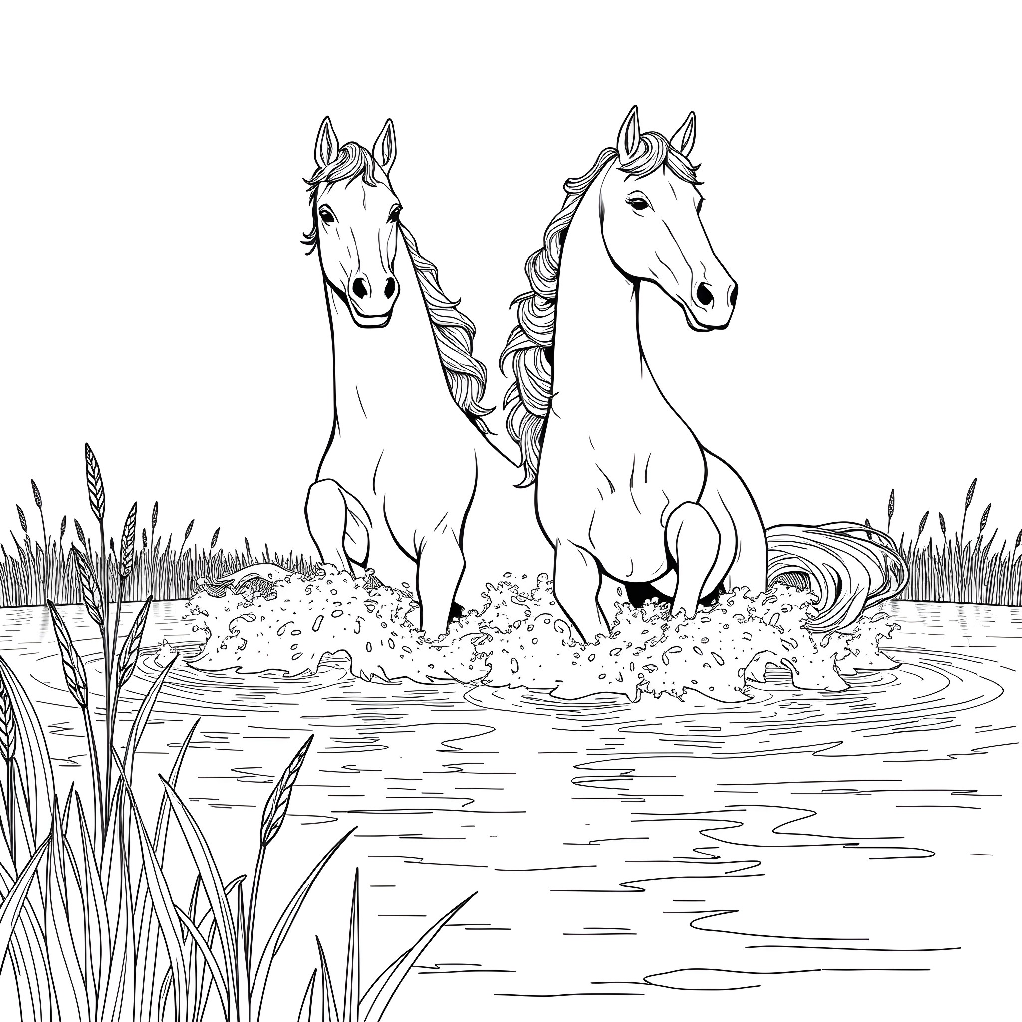 Kelpie horses galloping through the water Coloring Page (free black-and-white line drawing printable PDF for all, from beginners to advanced learners, including children, teens, adults, and seniors)