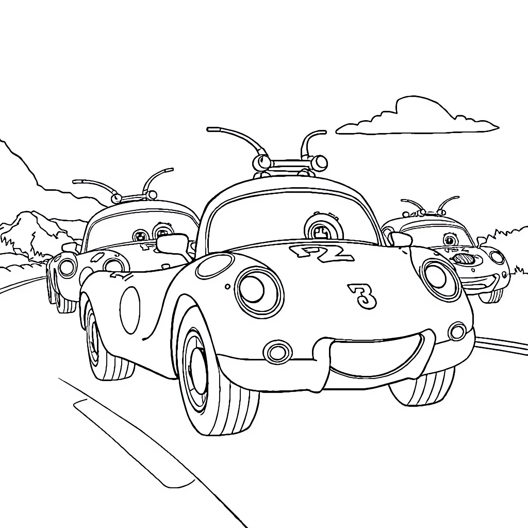 Car Cartoon Vehicles Driving on Winding Road Coloring Page (free black-and-white line drawing printable PDF for all, from beginners to advanced learners, including children, teens, adults, and seniors)