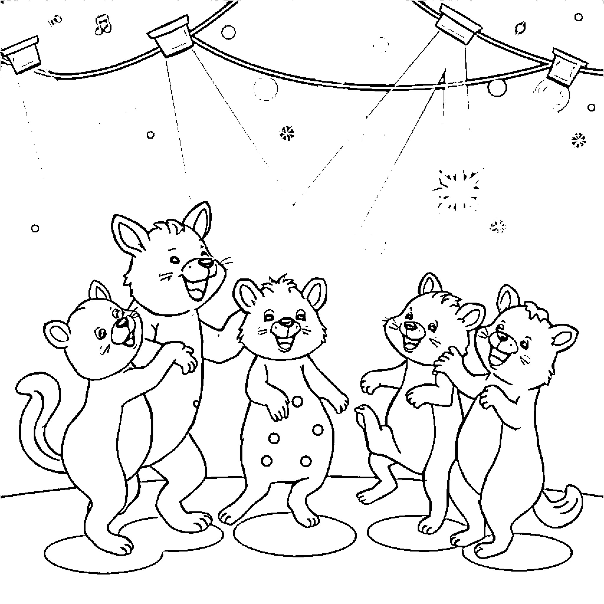 Animal characters dancing under a festive decoration Coloring Page (free black-and-white line drawing printable PDF for all, from beginners to advanced learners, including children, teens, adults, and seniors)