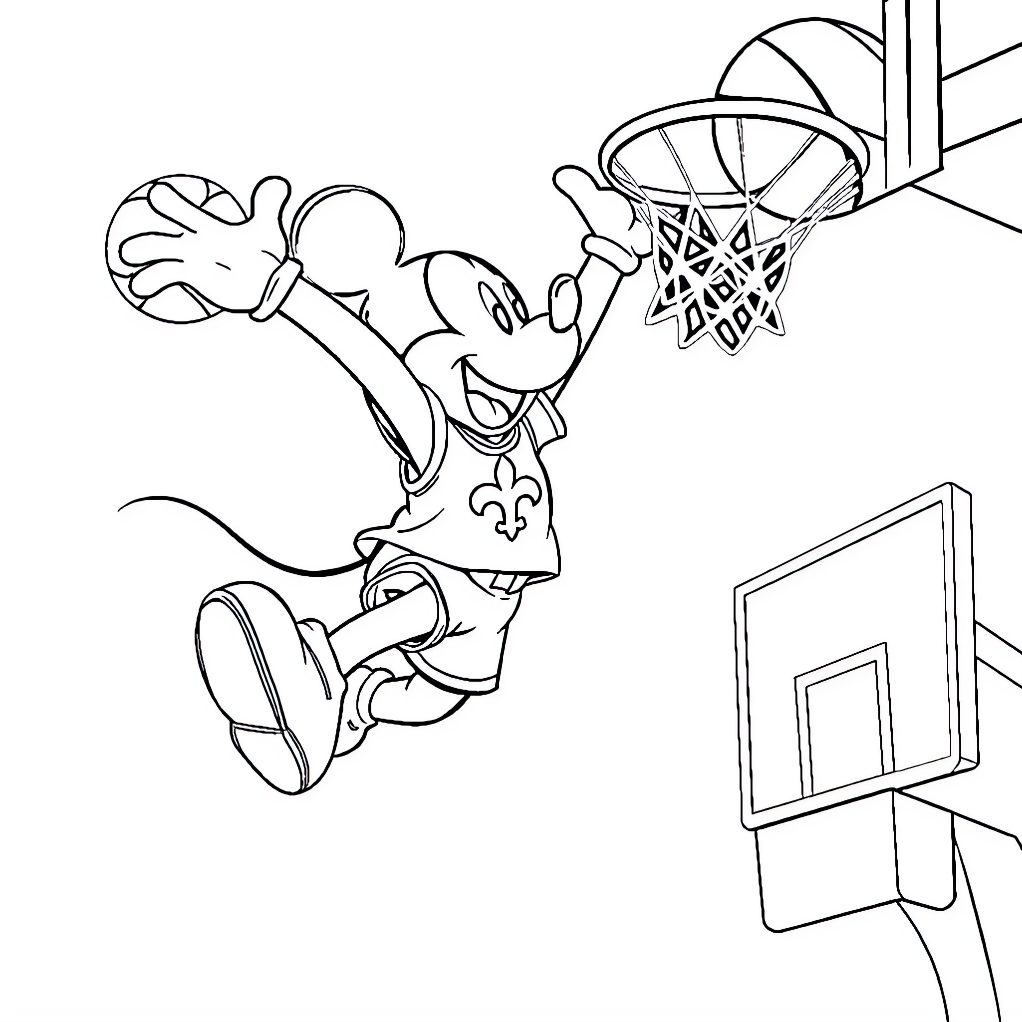 Mickey Mouse playing basketball and dunking the ball Coloring Page (free black-and-white line drawing printable PDF for all, from beginners to advanced learners, including children, teens, adults, and seniors)