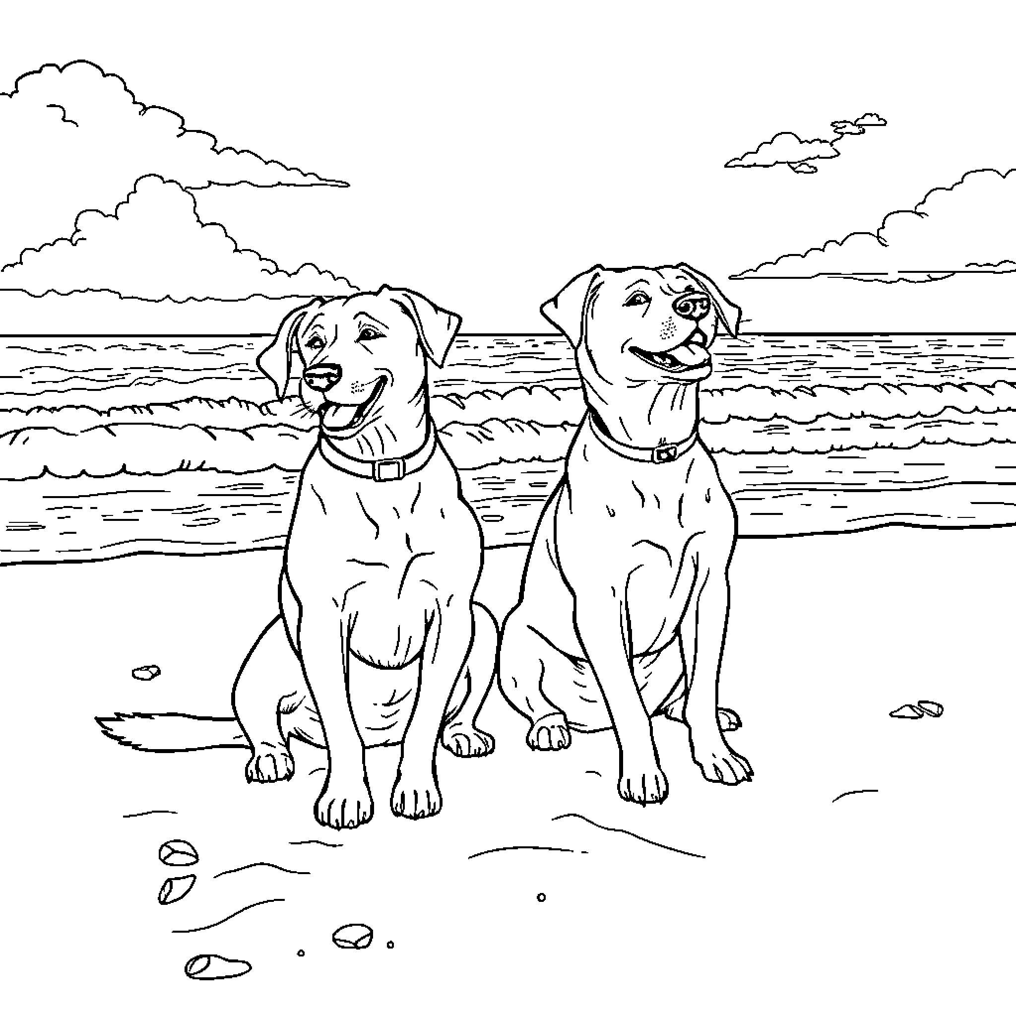 Dogs enjoying the beach on a sunny day Coloring Page (free black-and-white line drawing printable PDF for all, from beginners to advanced learners, including children, teens, adults, and seniors)