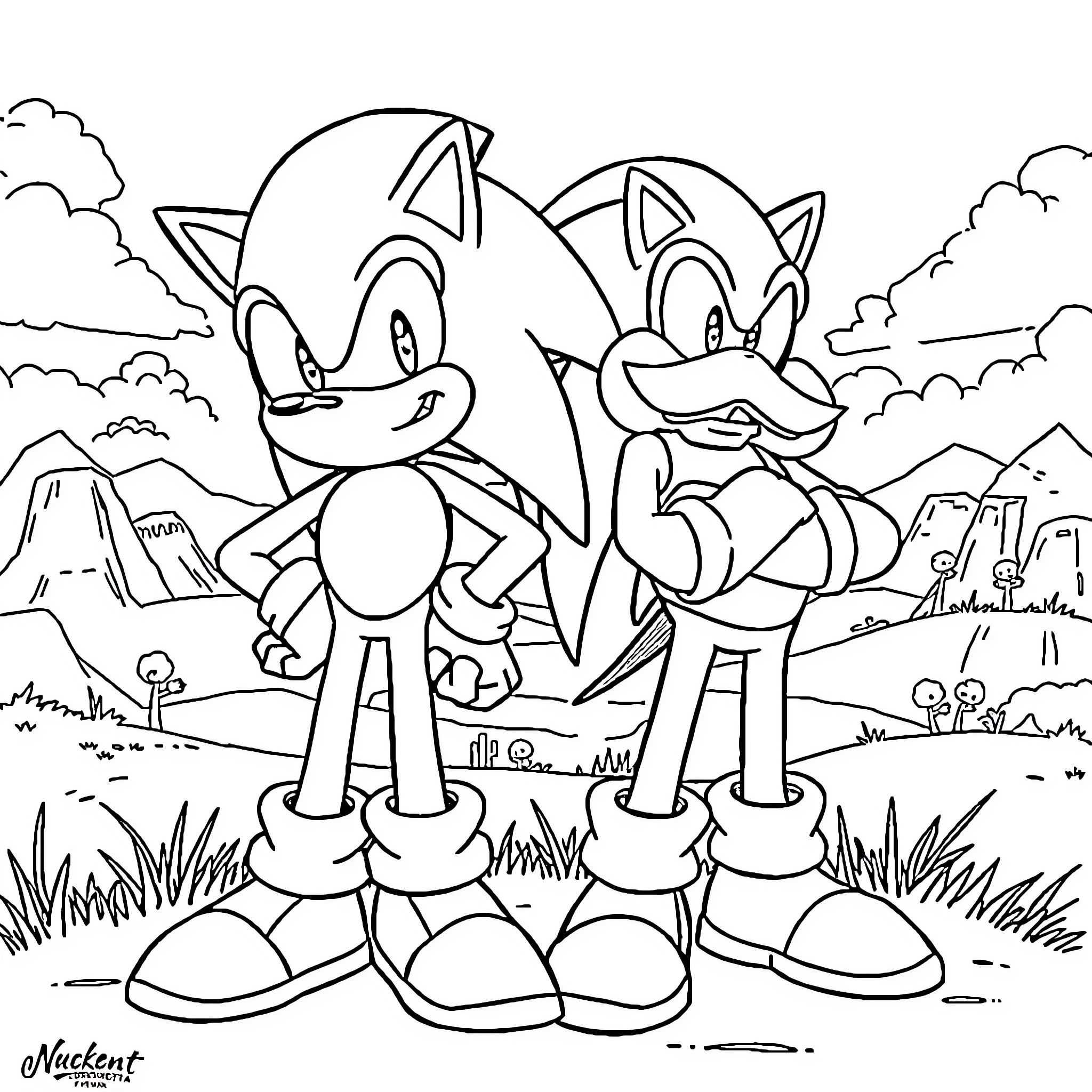 Sonic Characters in Scenic Nature Landscape Coloring Page (free black-and-white line drawing printable PDF for all, from beginners to advanced learners, including children, teens, adults, and seniors)