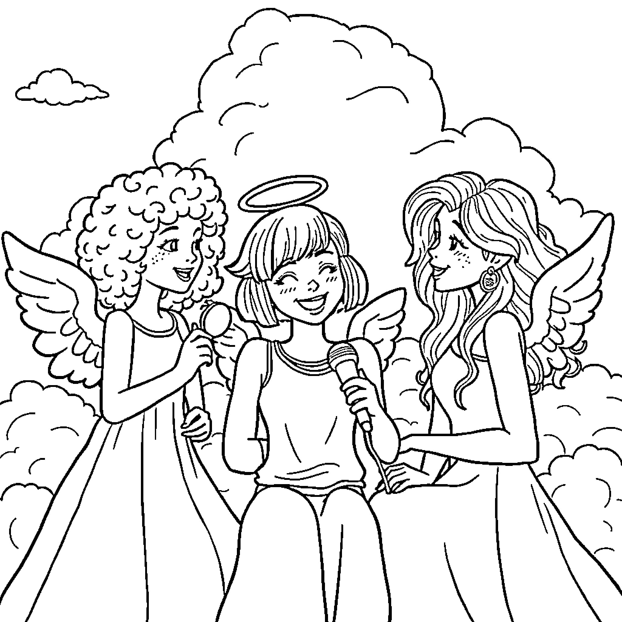 Angel Trio Singing Joyfully in the Clouds Coloring Page (free black-and-white line drawing printable PDF for all, from beginners to advanced learners, including children, teens, adults, and seniors)