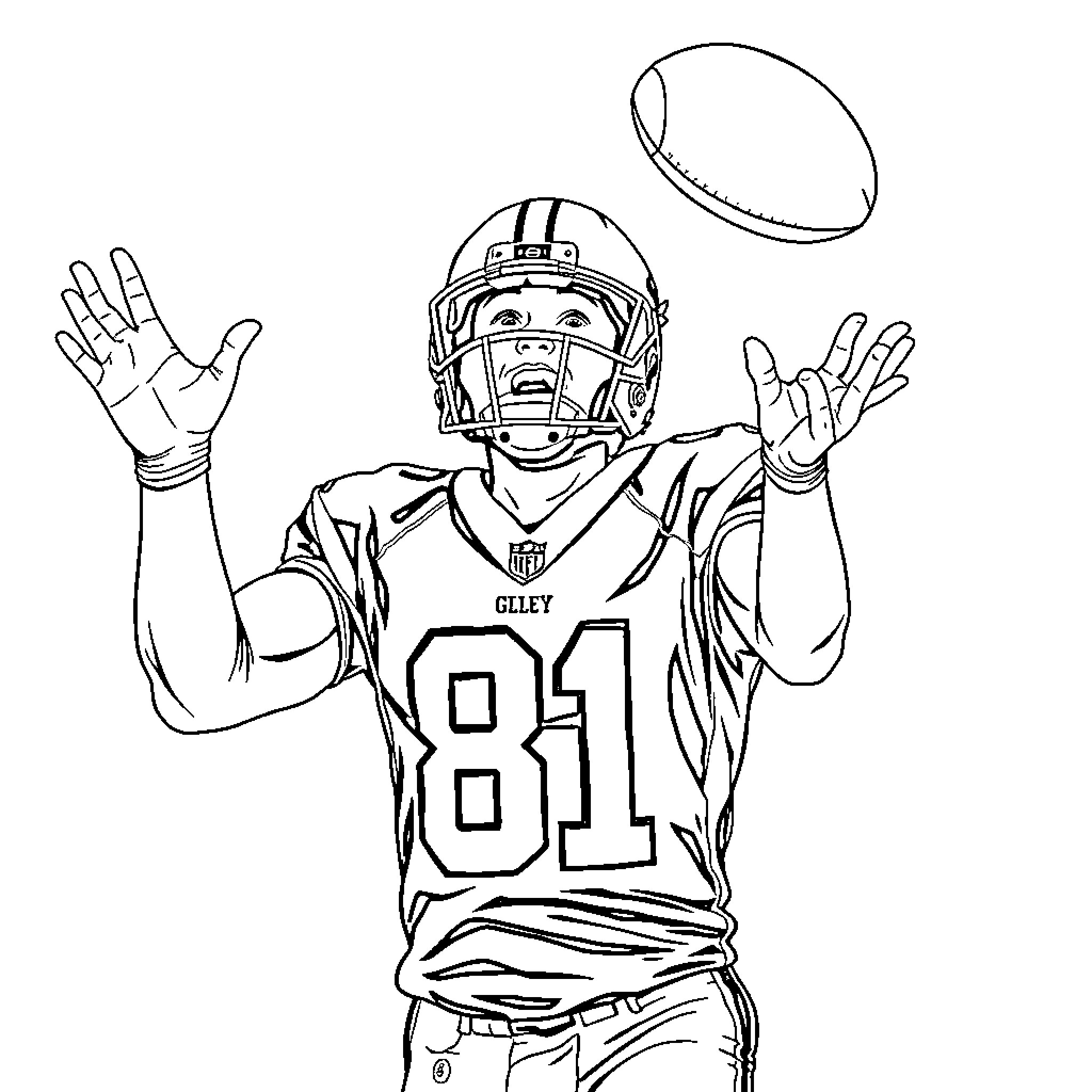 Football Player Catching the Ball and Celebrating Coloring Page (free black-and-white line drawing printable PDF for all, from beginners to advanced learners, including children, teens, adults, and seniors)